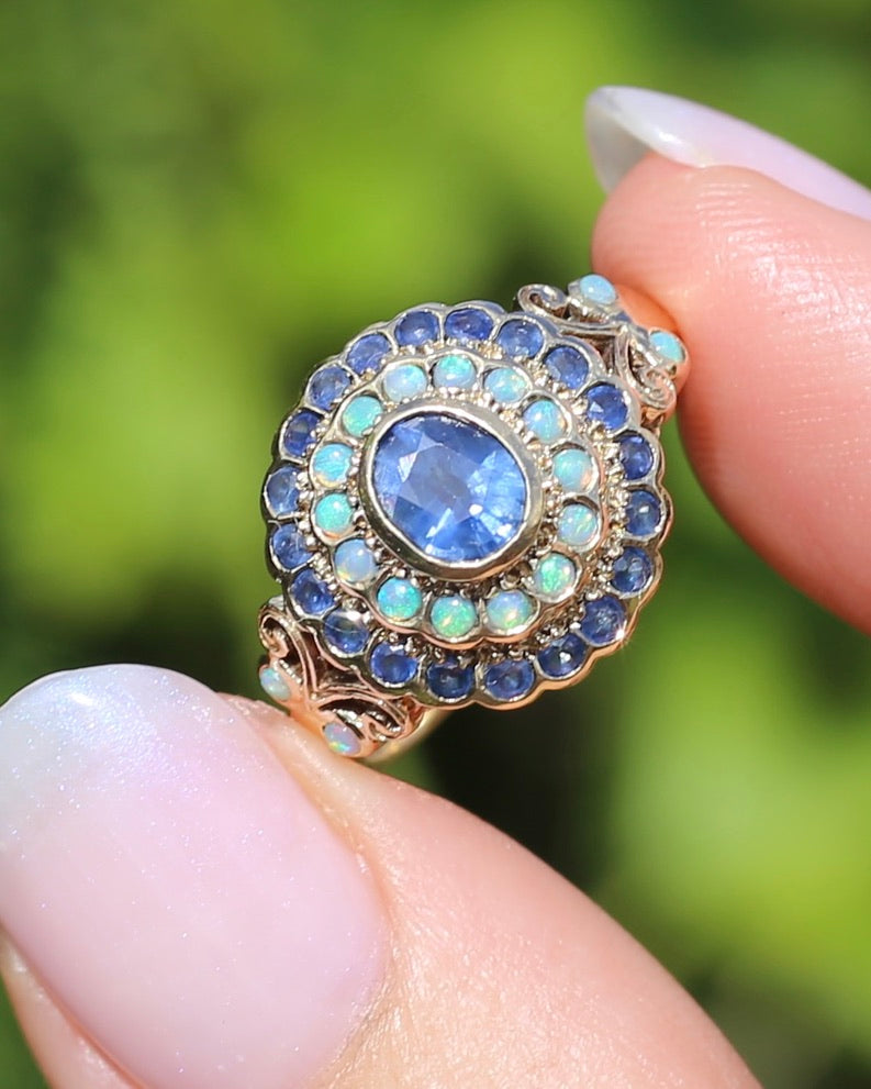 Natural Sapphire and Opal Cluster Ring, 9ct Yellow Gold, size P or 7.5, 4.04g