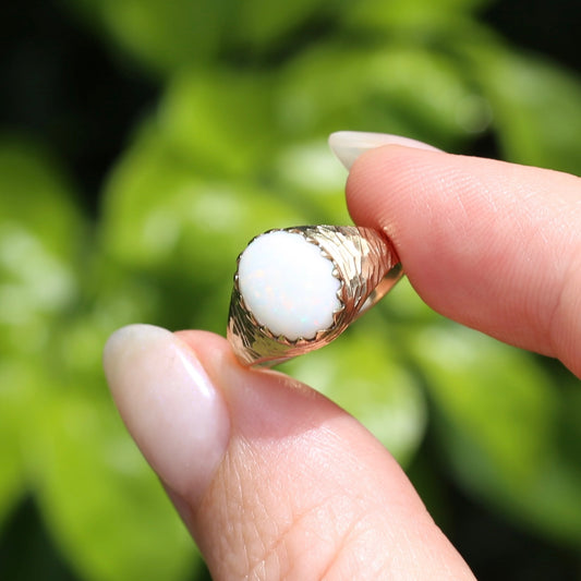 Vintage 1978 Birmingham White Opal Cabochon Signet Ring, 9ct Yellow Gold, size 5.5 or K1/2