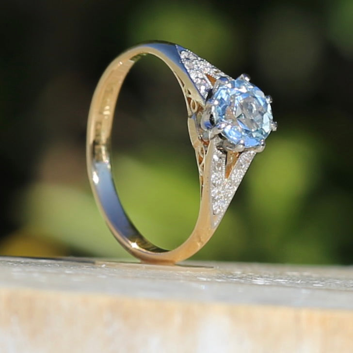 Pristine Early Australian 1930s Dunklings Blue Zircon & Diamond RIng, size L or just over 5.5