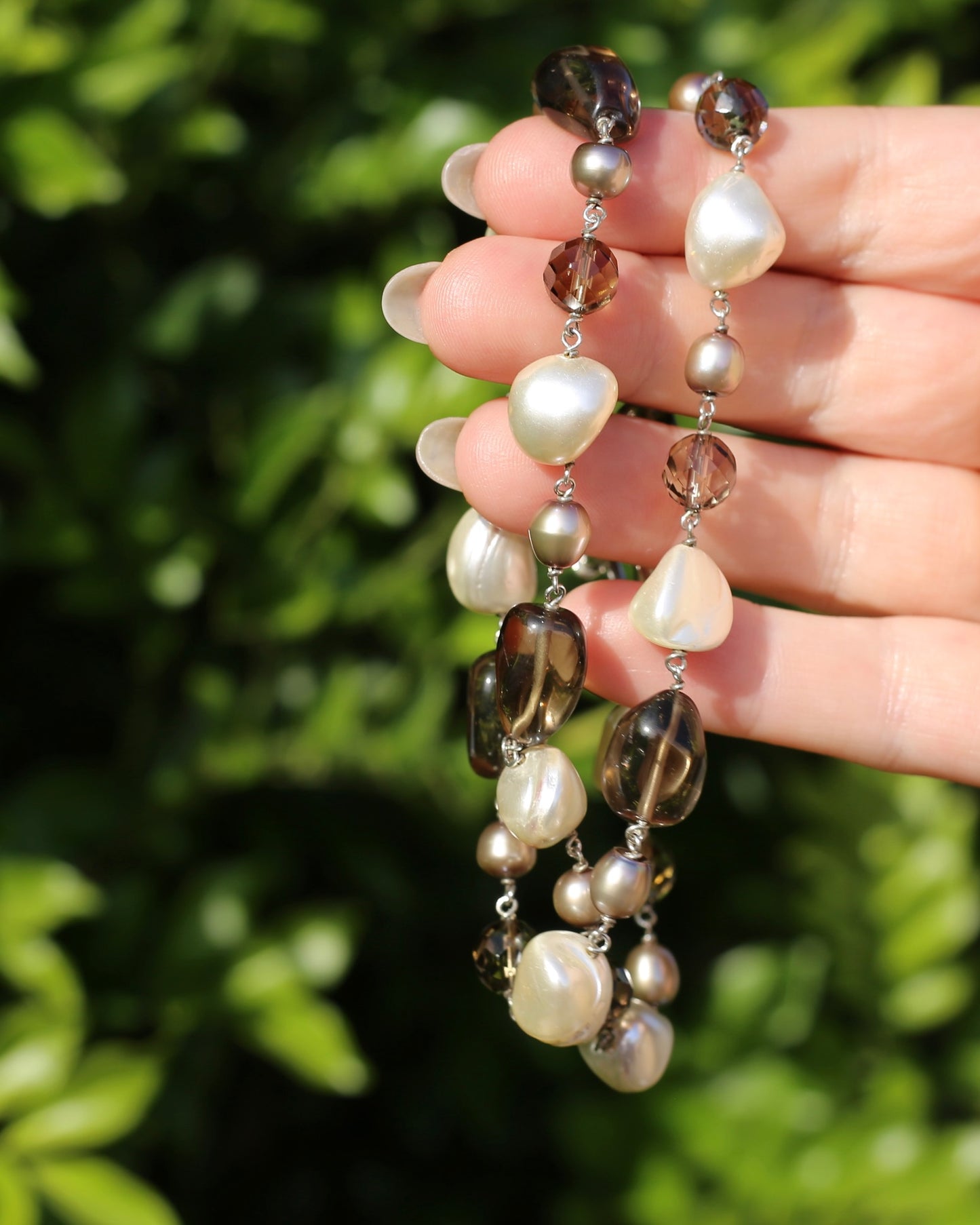 Baroque White Pearl, Grey Pearl and Smoky Quartz Neckalce, Silver Clasp and Findings, 43g