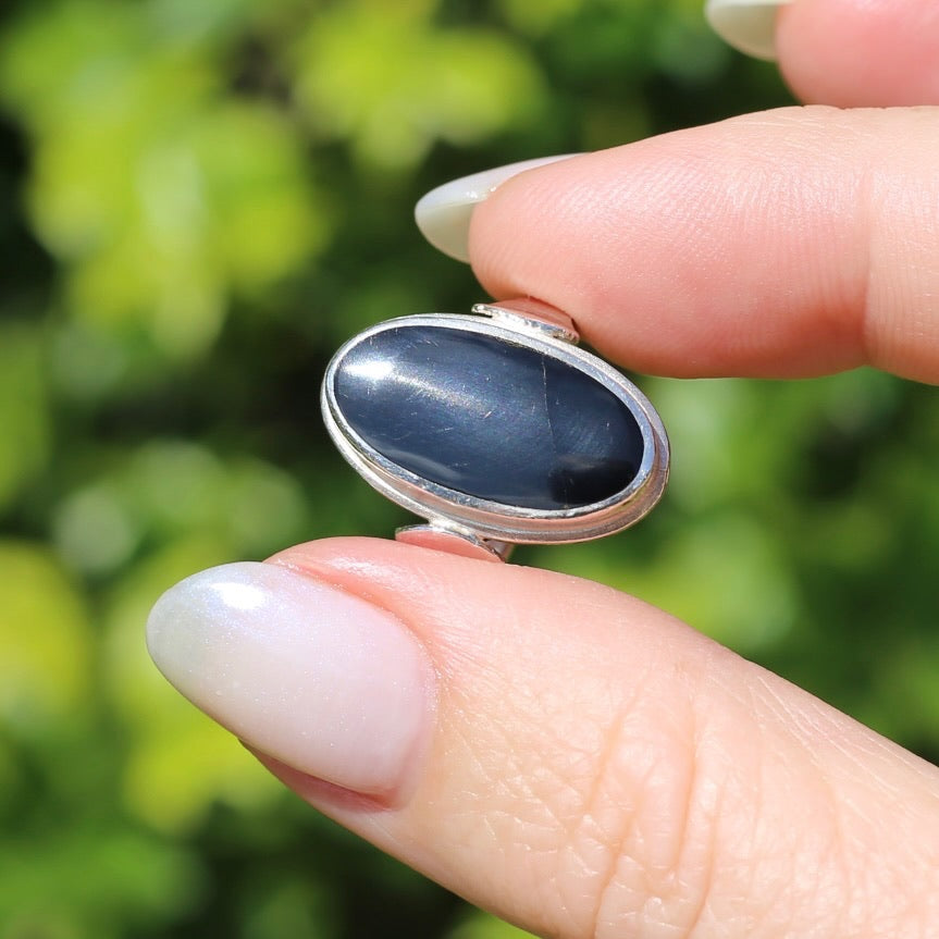 Oval Black Onyx Bezel Set Ring, sterling silver, size L or 5.75