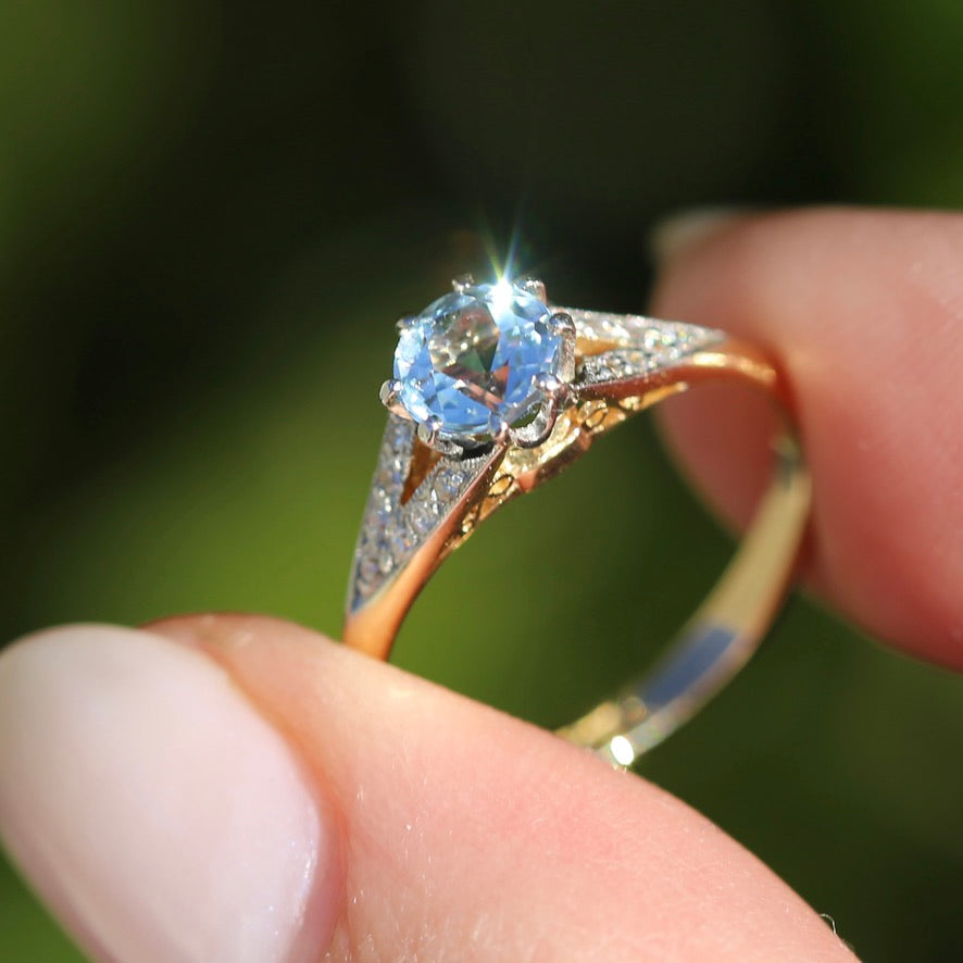 Pristine Early Australian 1930s Dunklings Blue Zircon & Diamond RIng, size L or just over 5.5