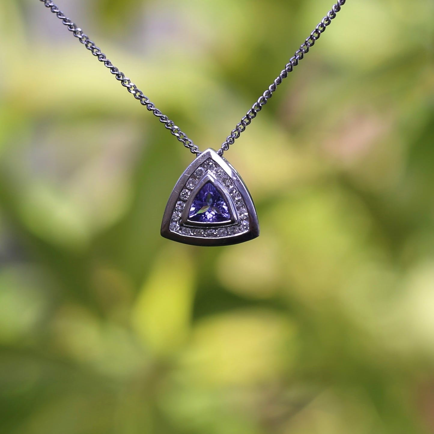 Trillion cut Tanzanite and Diamond Pendant, 14ct White Gold, with 9ct White Gold Chain