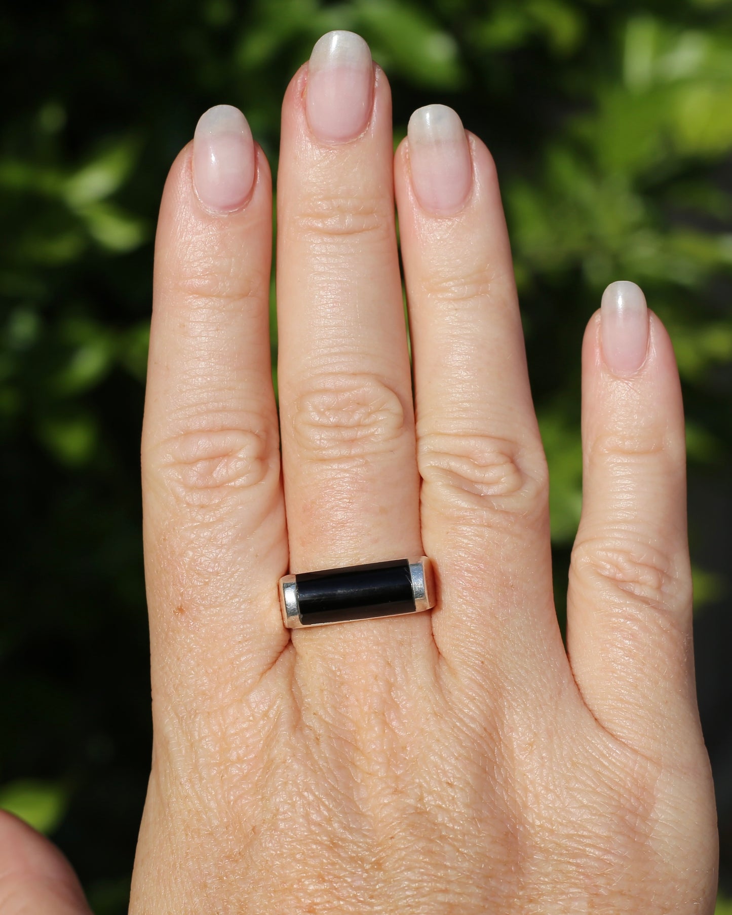 Curved Onyx and Silver Ring, Sterling Silver, Size V1/2 or 10.75, 8.4g