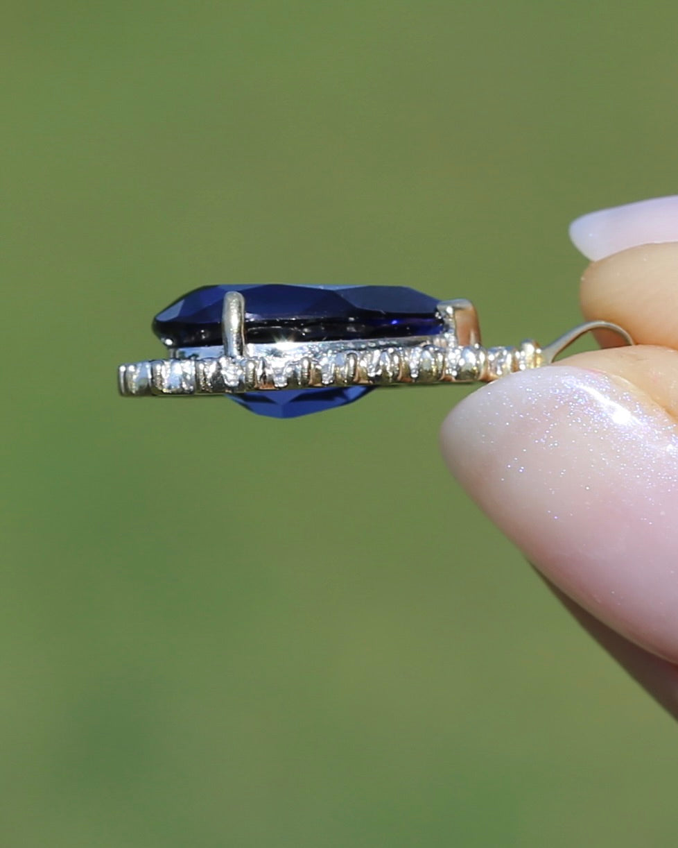 5ct Lab Grown Sapphire and Illusion Set Pendant with 2 Diamonds, 9ct Yellow Gold (some Rhoidum Plating), 2.47g