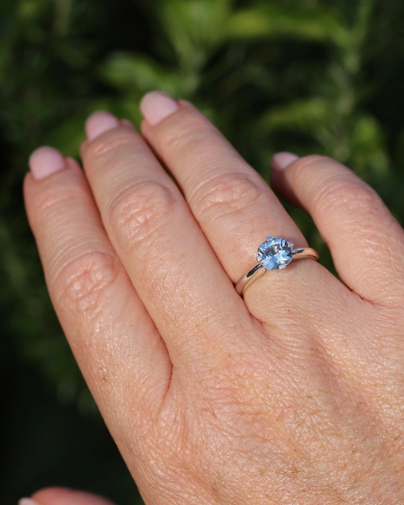 1ct Natural Aquamarine Cushion Cut Ring, Silver, size M1/2 or 6.5, 2.63g