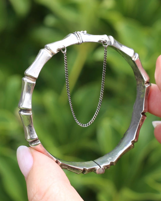 1962-1963 Birmingham Made Silver Bamboo Hinged Bangle with Safety Chain, Sterling Silver, 17.96g