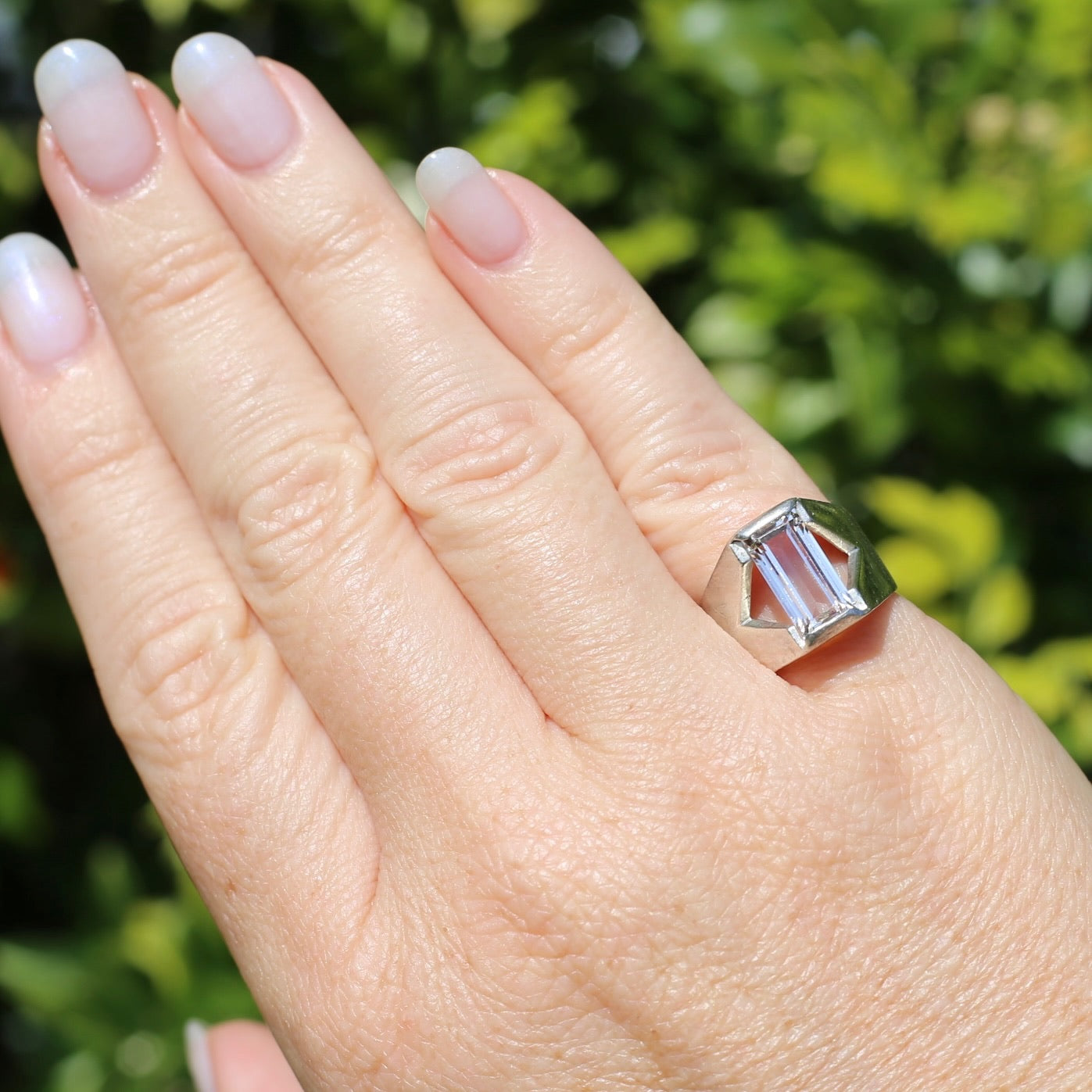 Mid Century Semi Bezel Set Emerald Cut White Spinel, Sterling Silver, size L or 5.75