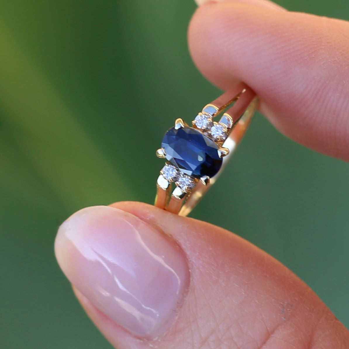 Oval Natural Blue Sapphire with Diamonds, Art Deco Feel Ring, 14ct Yellow Gold, size N or 6.75