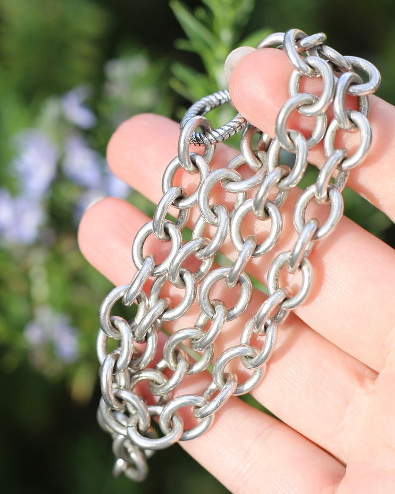Vintage Chunky Oval Cable Chain with Textured Clasp, Sterling Silver, 42cm or 16.5inches, 50.7g