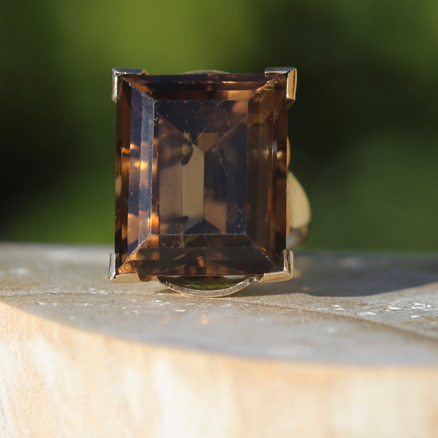 Mid Century 36ct Princess Cut Smoky Quartz Cocktail Ring, 9ct Yellow Gold, size N1/2 or 6.75