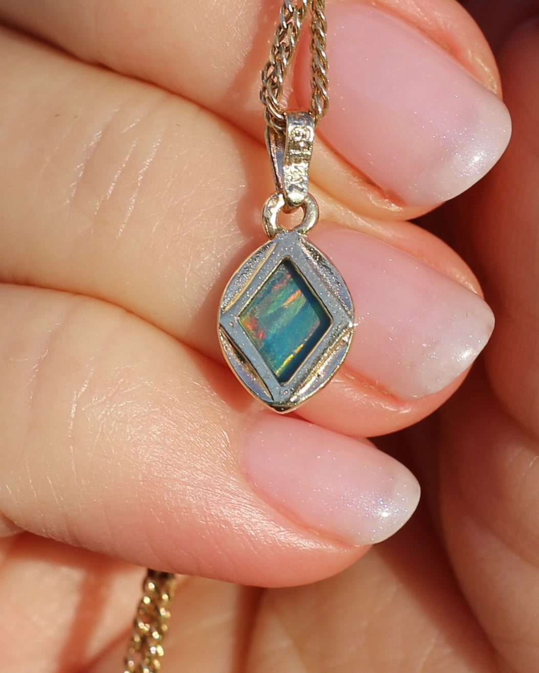 Bezel Set Solid Opal Diamond Shaped Pendant, 14ct Yellow Gold, 0.88g