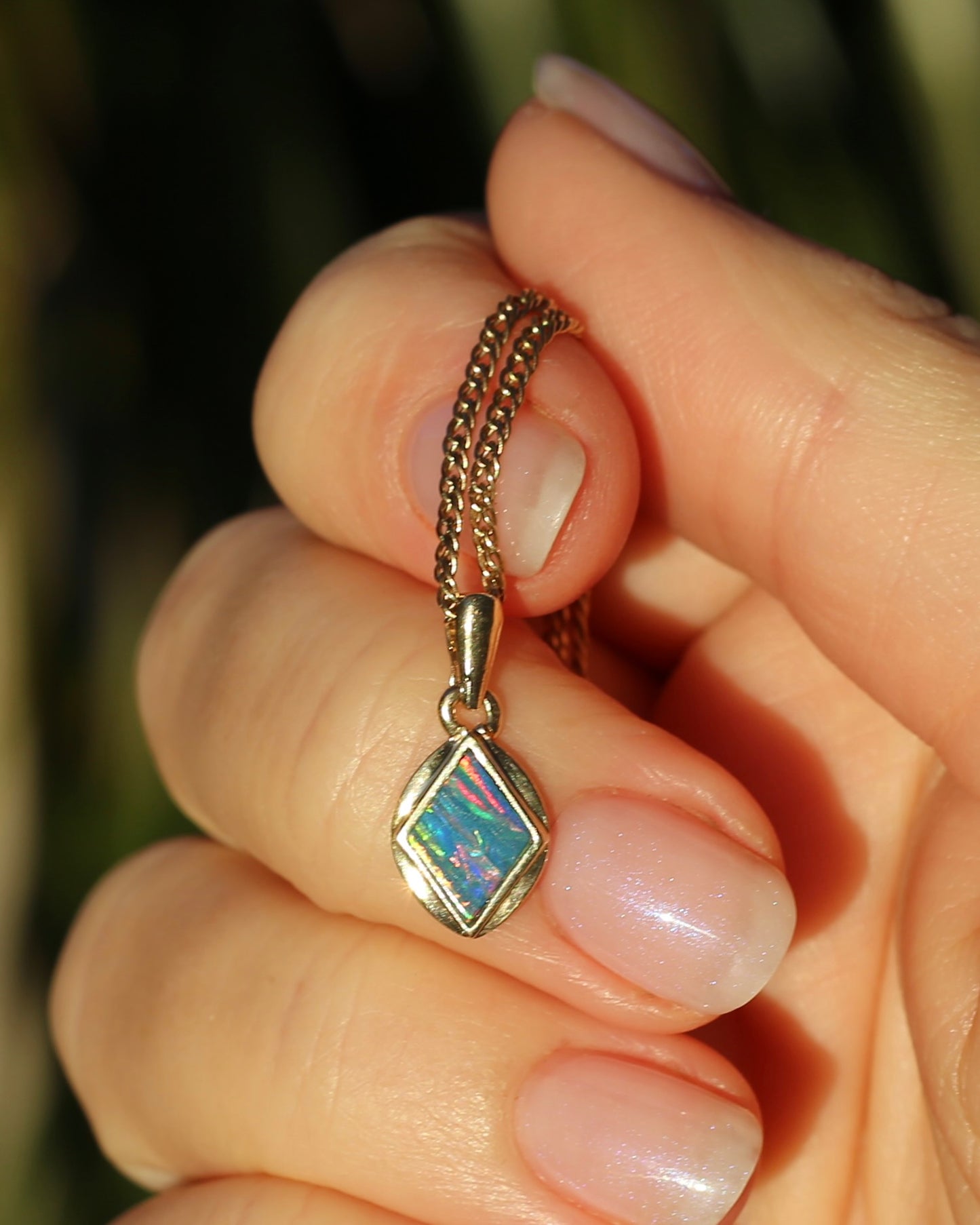 Bezel Set Solid Opal Diamond Shaped Pendant, 14ct Yellow Gold, 0.88g