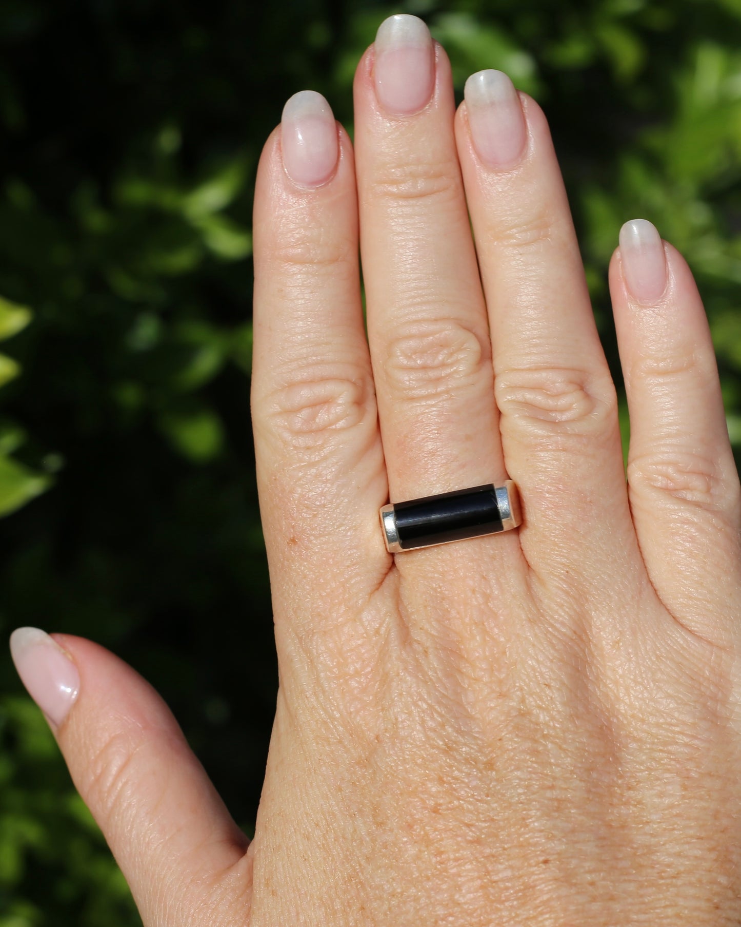 Curved Onyx and Silver Ring, Sterling Silver, Size V1/2 or 10.75, 8.4g