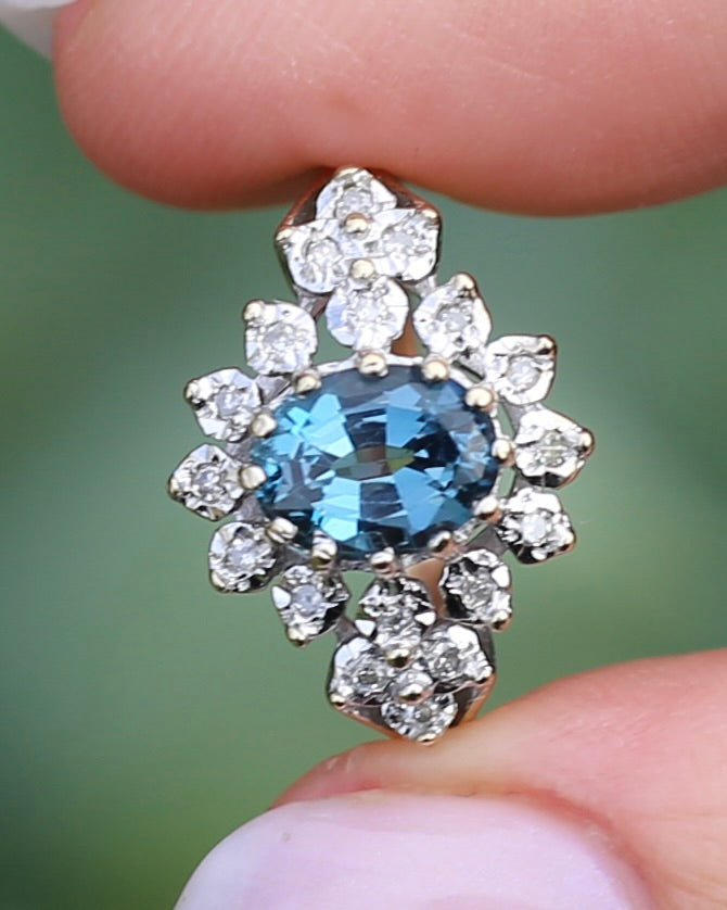 1989 Blue Zircon and Diamond Halo Ring, 9ct Yellow and White Gold, size N1/2 or 7, 3.18g