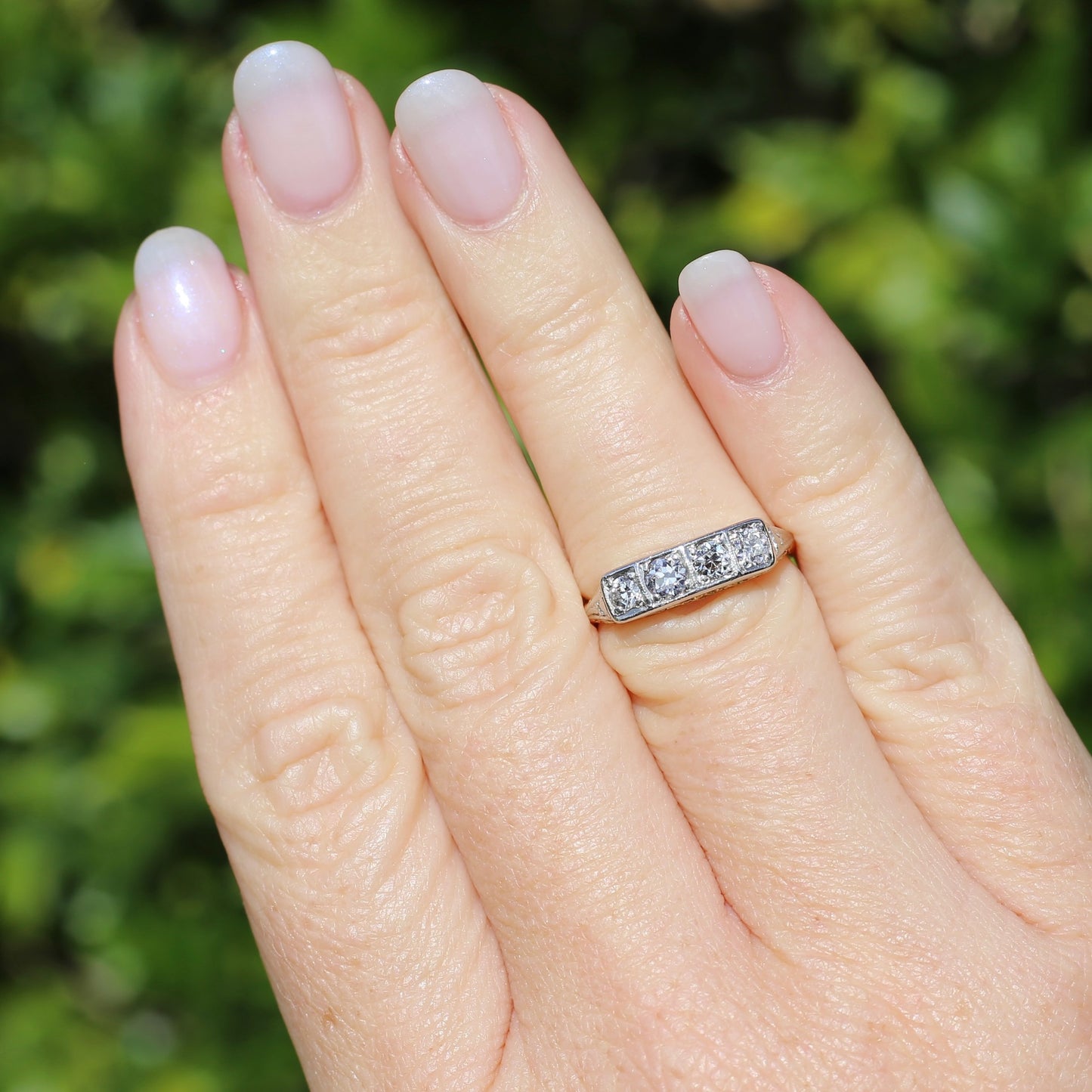 1930s 4 Stone Transitional Cut Diamond Mixed Metal Ring, 18ct Yellow Gold & Platinum, size M or just bigger than 6