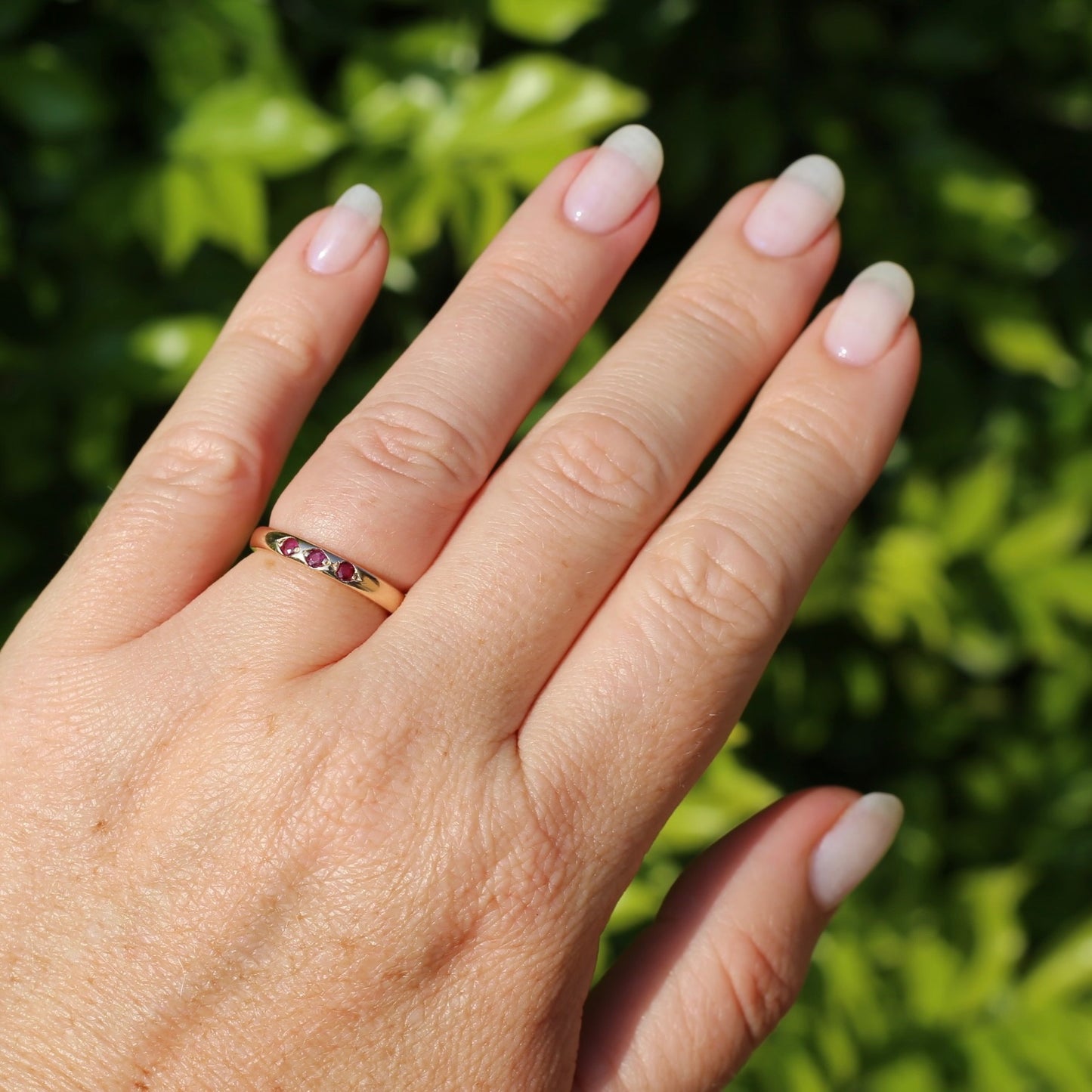 Grain Set Garnet Trilogy, 9ct Rosey Gold, size N or 6.75