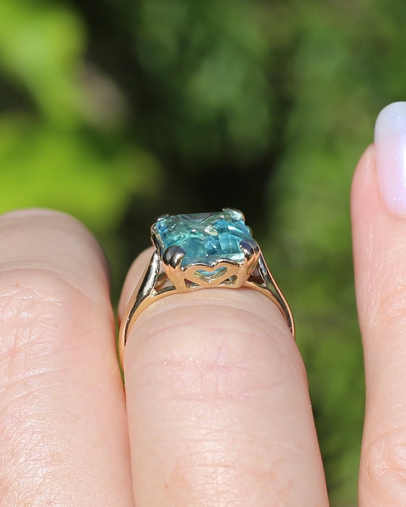 Second Glance - Natural 4.3ct Emerald Cut Aquamarine in Vintage 1963 London Made Ring, 9ct Yellow Gold, size K1/2 or 5.5, 3.04g