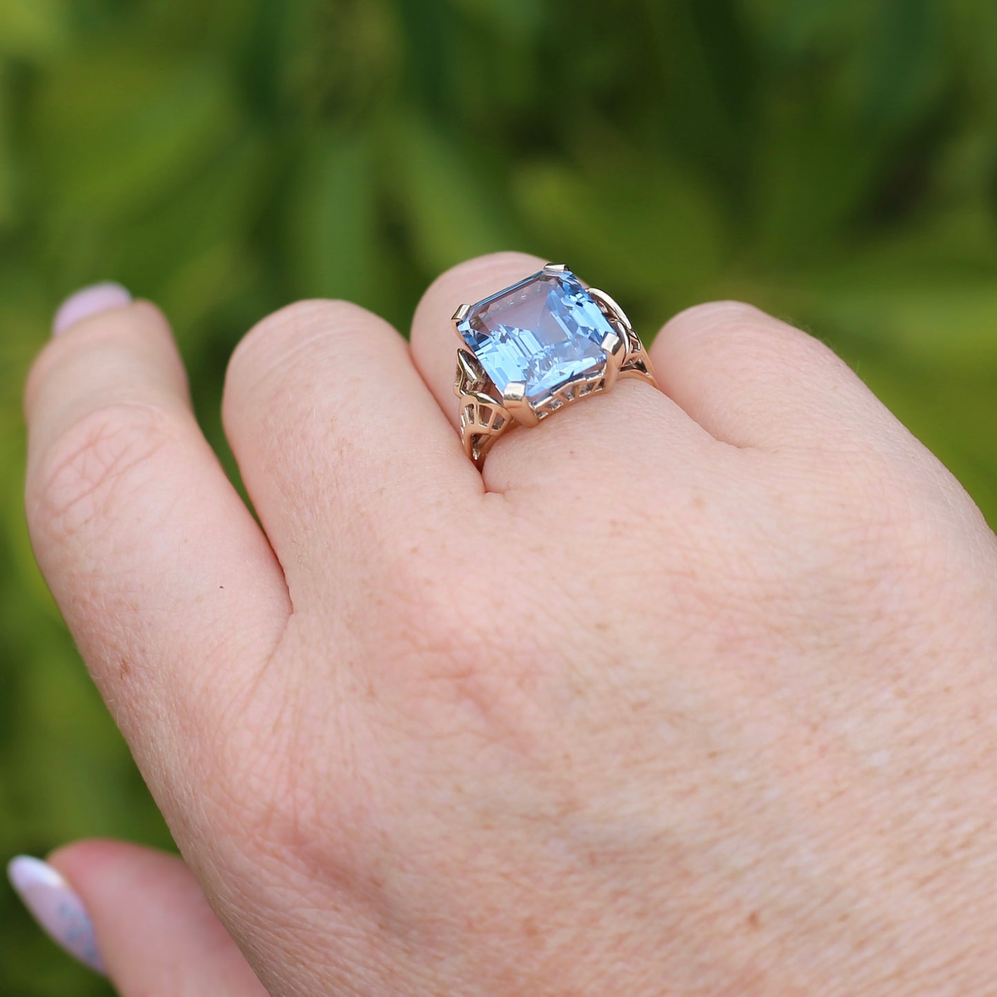 Mid Century Emerald Cut Blue Spinel Cocktail Ring, size N1/2 or 6.75