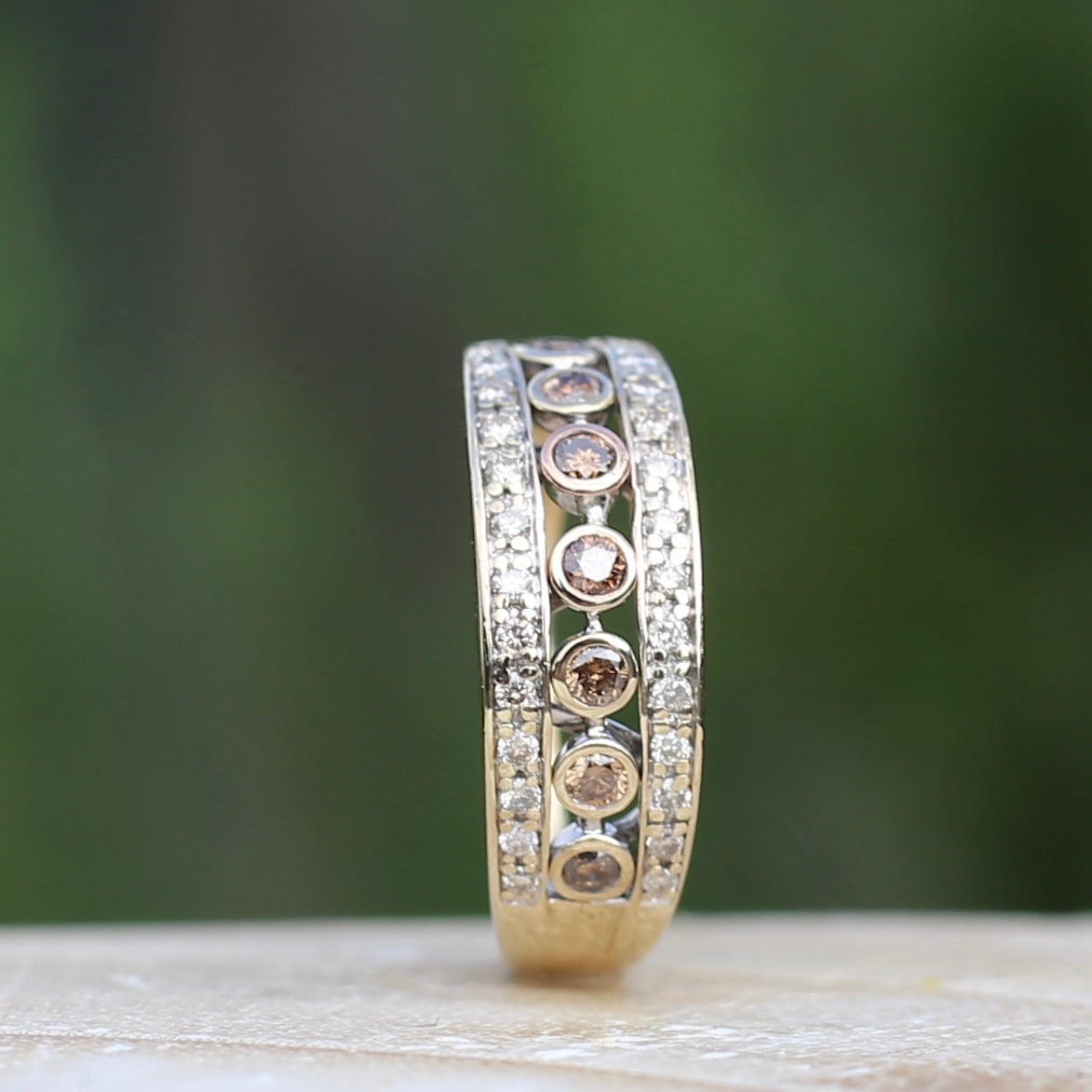 Champagne and White Diamond Band, 9ct Yellow and White Gold, size R or 8.75