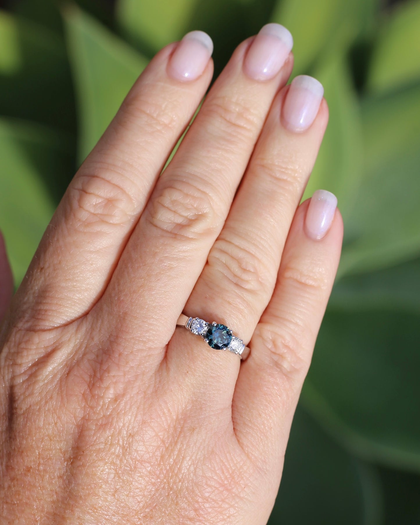 Unheated Eye Clean Parti Sapphire and Natural Diamond Trilogy, 9ct White Gold, size O1/2 or 7.5, 3.01g, with valuation