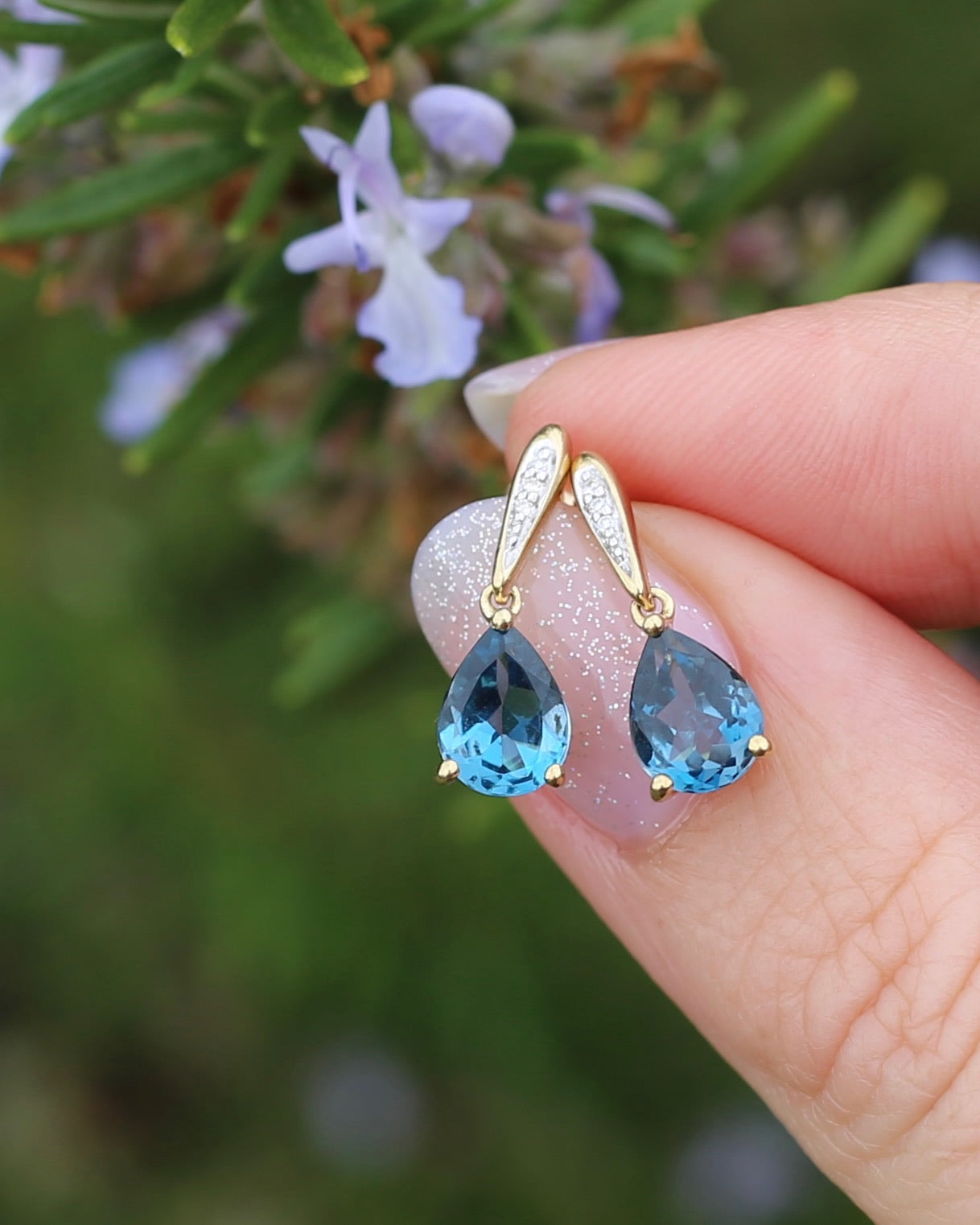 Pear Cut London Blue Topaz Earrings on Illusion Diamond Set Stud Posts, 9ct Yellow Gold, 14ct YG butterflies, 1.87g