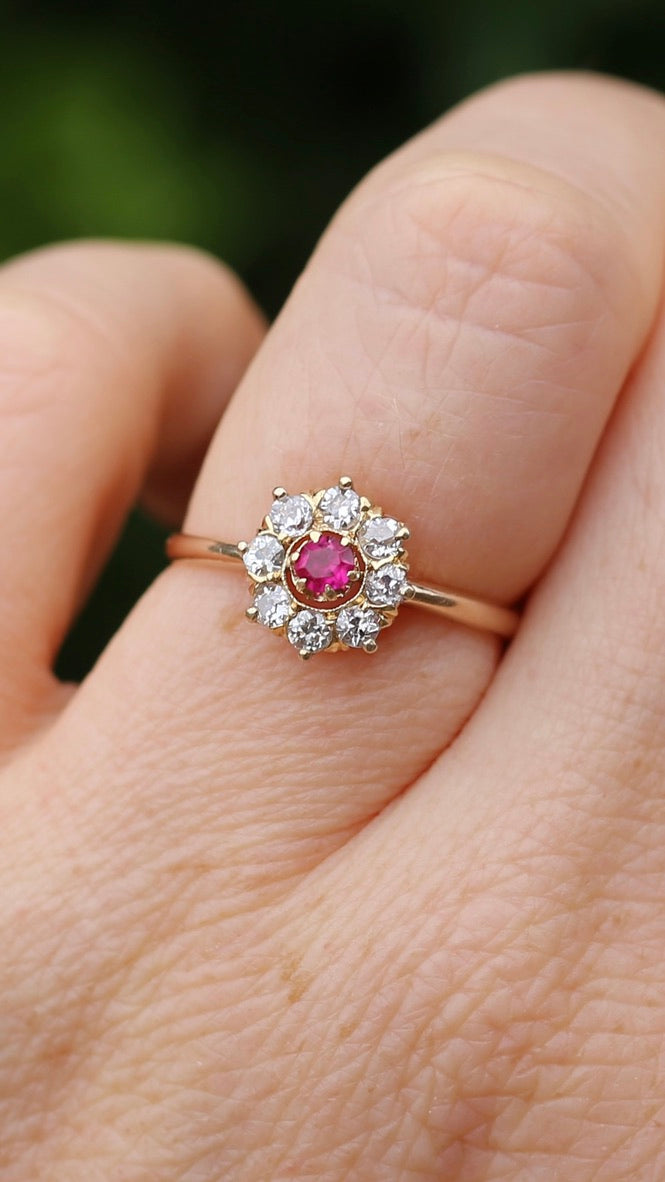 Antique Ruby and Old Cut Diamond Cluster, 15ct Yellow Gold, size O or 7.25 with valuation