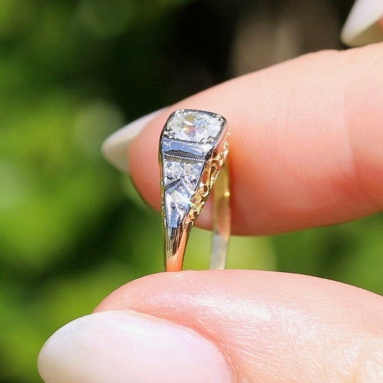 Antique Circa 1915 Old European Cut Solitaire, 18ct White and Yellow Gold, size M1/2 or 6.5