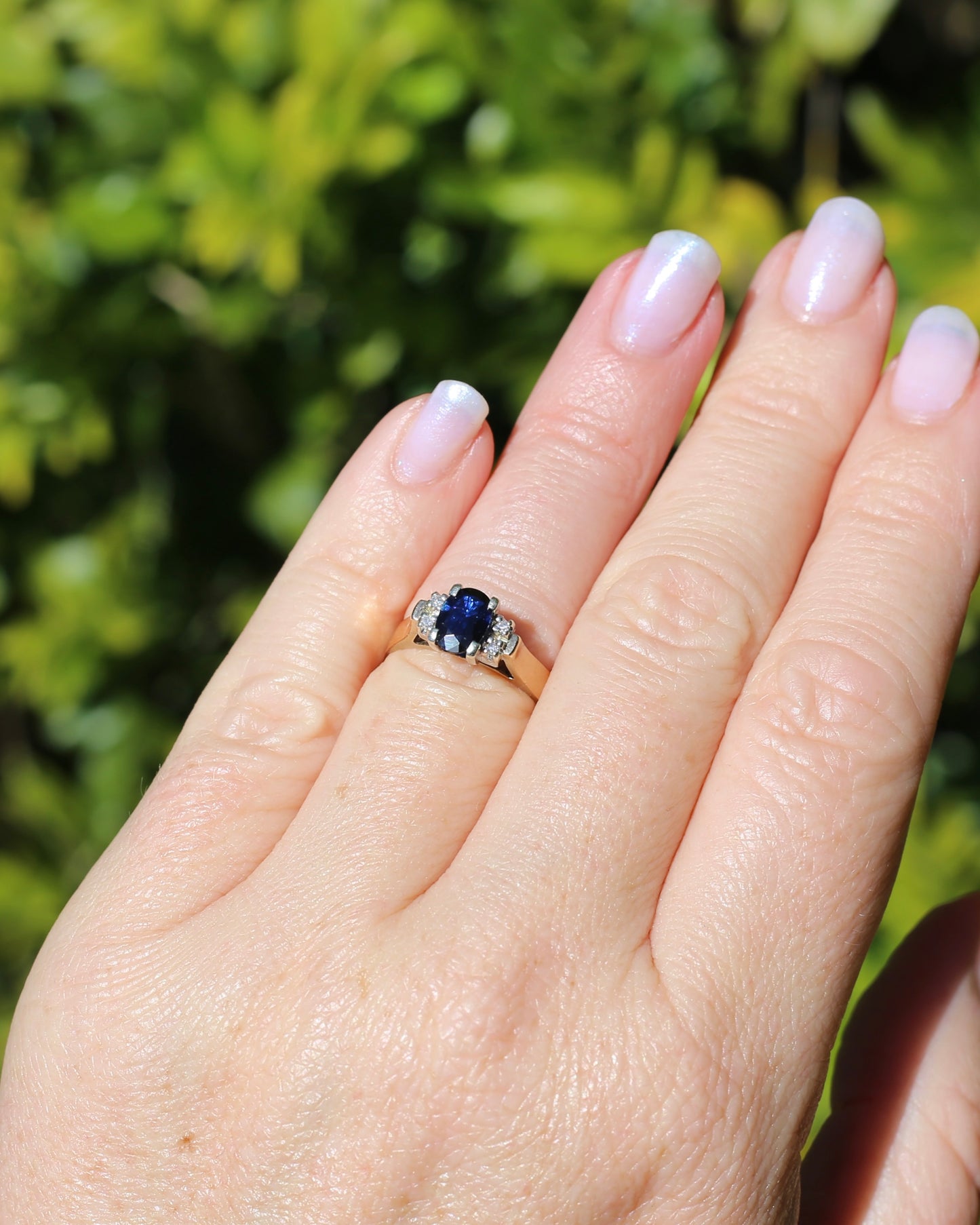 Circa 1970s Natural Sapphire and Diamond Ring, 9ct Yellow and White Gold, size M or 6.25, 4.19g