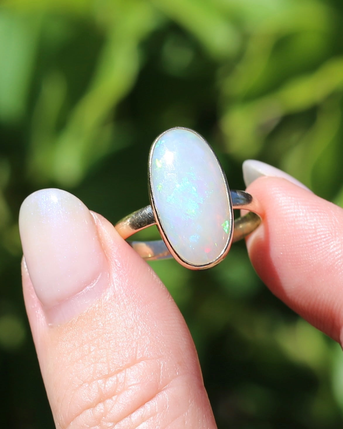 Crystal Opal Cabochon, Low Profile, in Bezel Set 9ct Yellow Gold, size T1/2 or 9.75