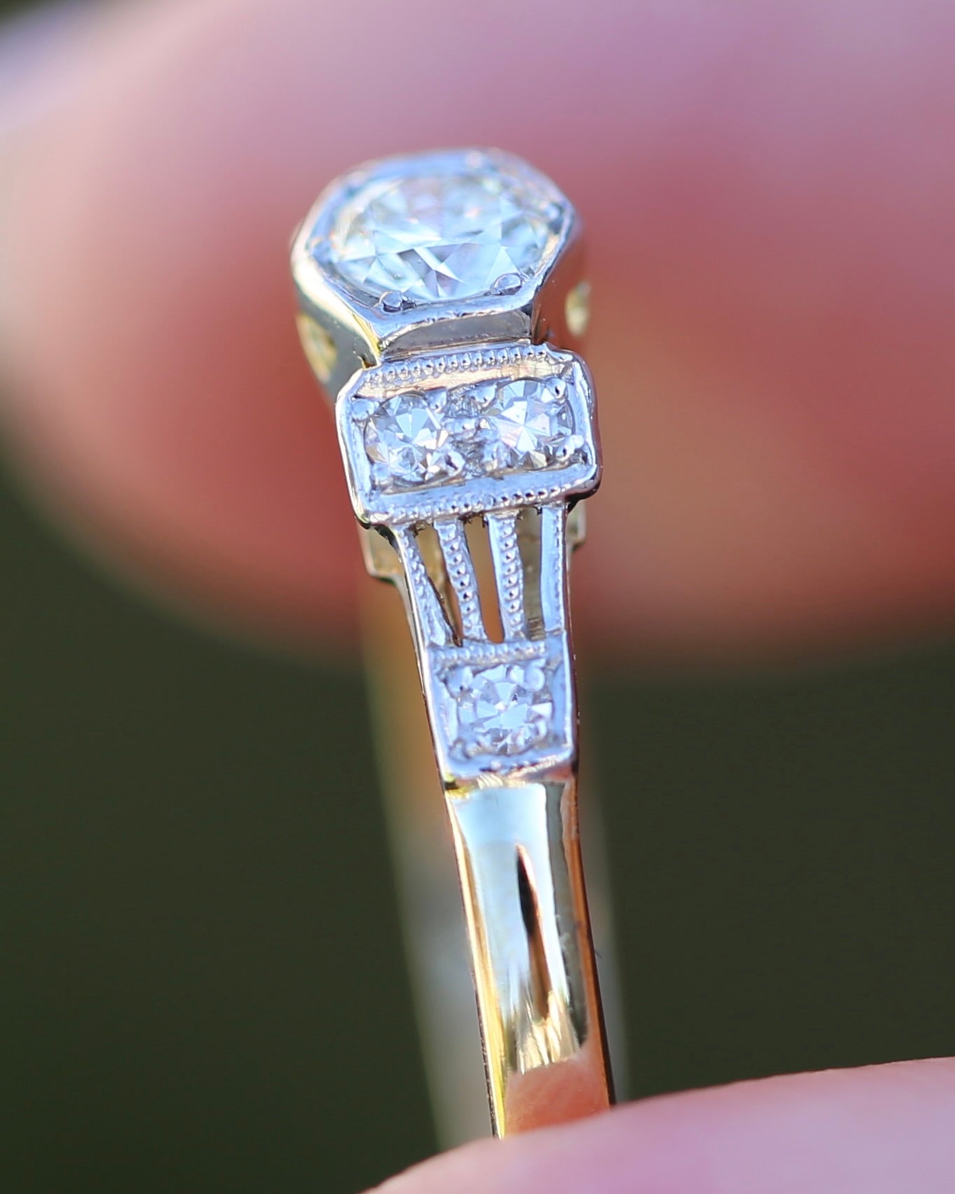 Hexagonal Grain Semi Modern Cut Diamond and Single Cut Diamond Shoulders Ring, 18ct White and Yellow Gold, size P1/2 or 8, 2.58g, with valuation