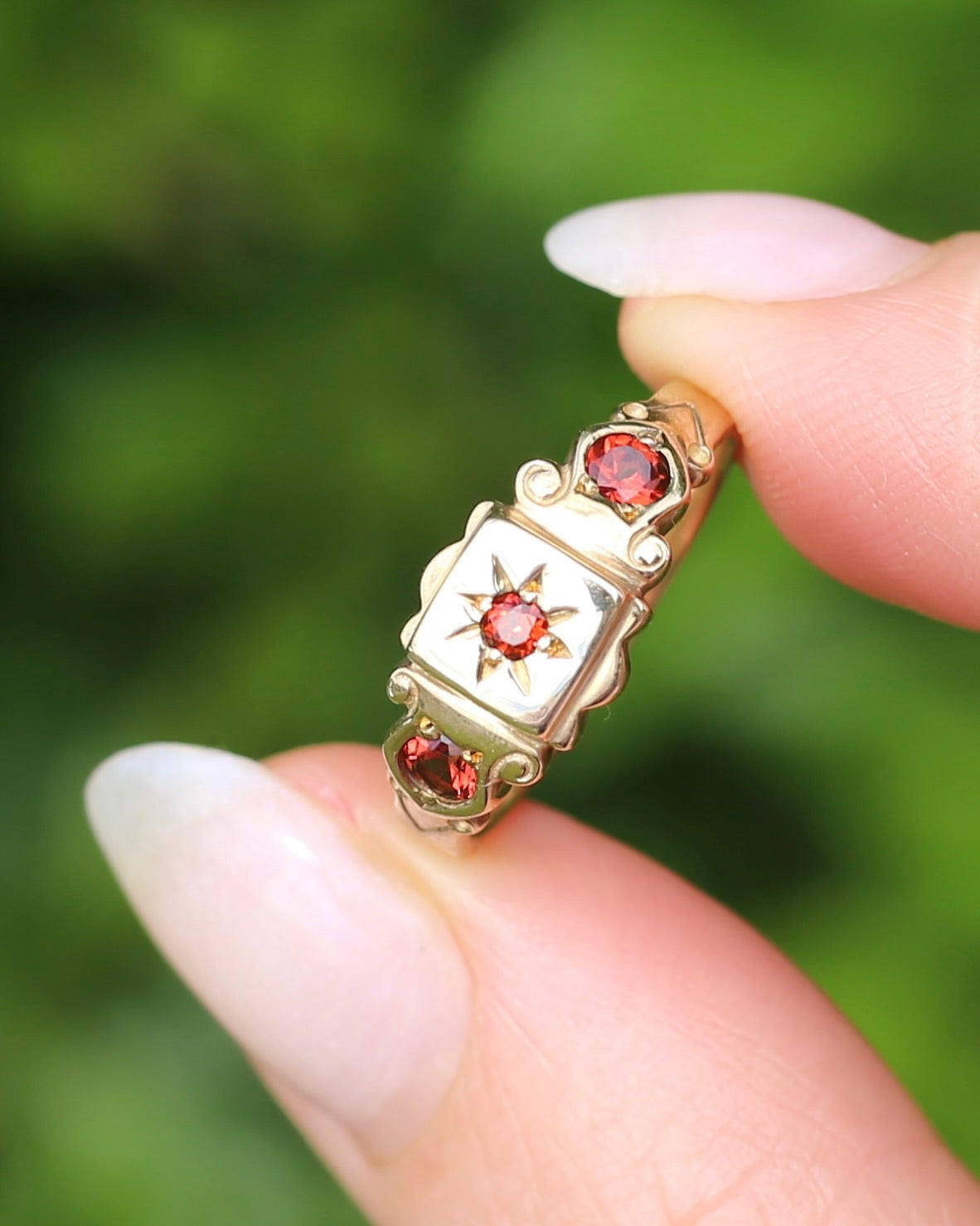 Victorian Revival Garnet Trilogy Star Set Ring, 9ct Yellow Gold, size O1/2 or just over 7.25
