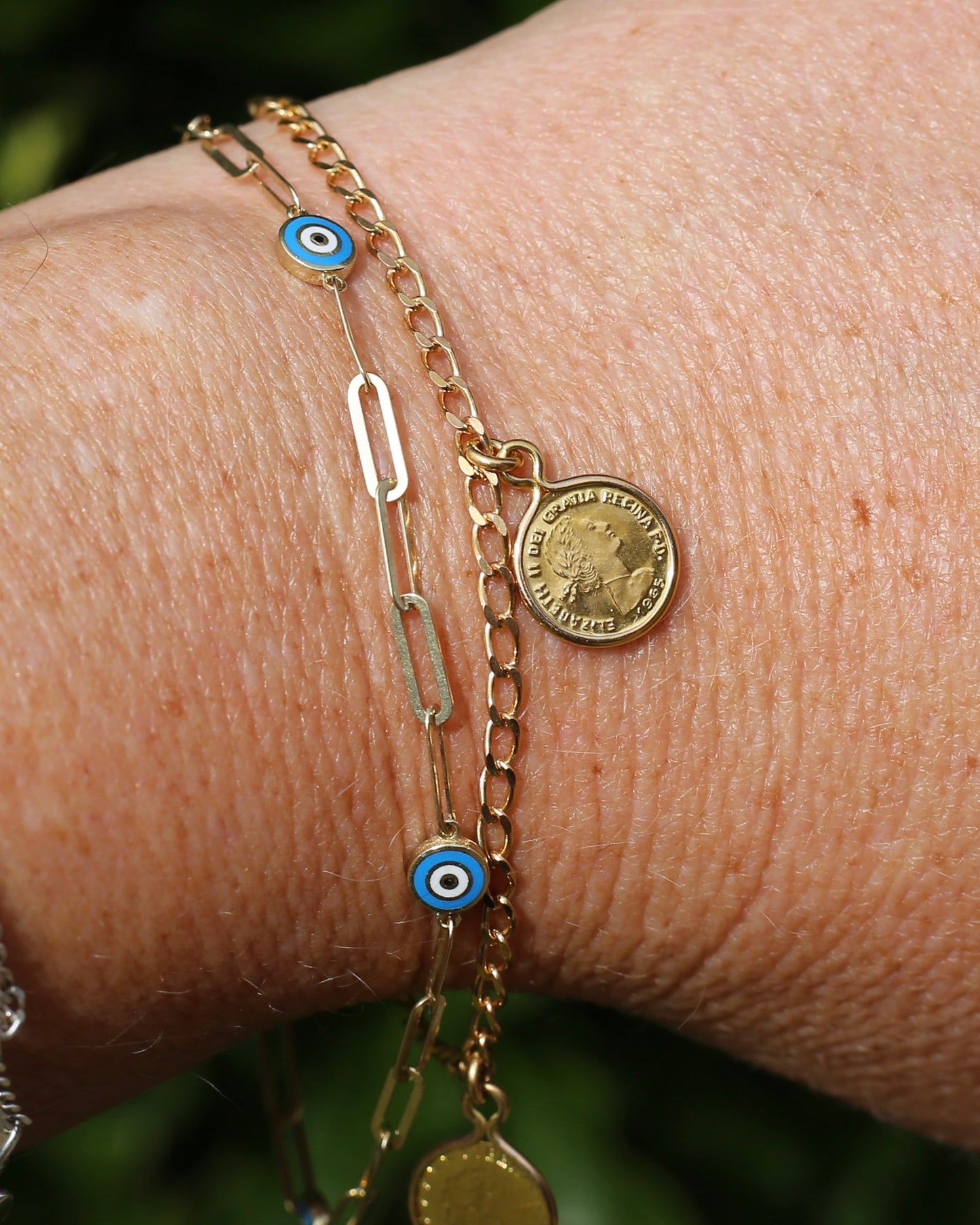Delicate Paperclip and Enamel Evil Eye Bracelet, 9ct Yellow Gold, 19.5cm or 7.75inches