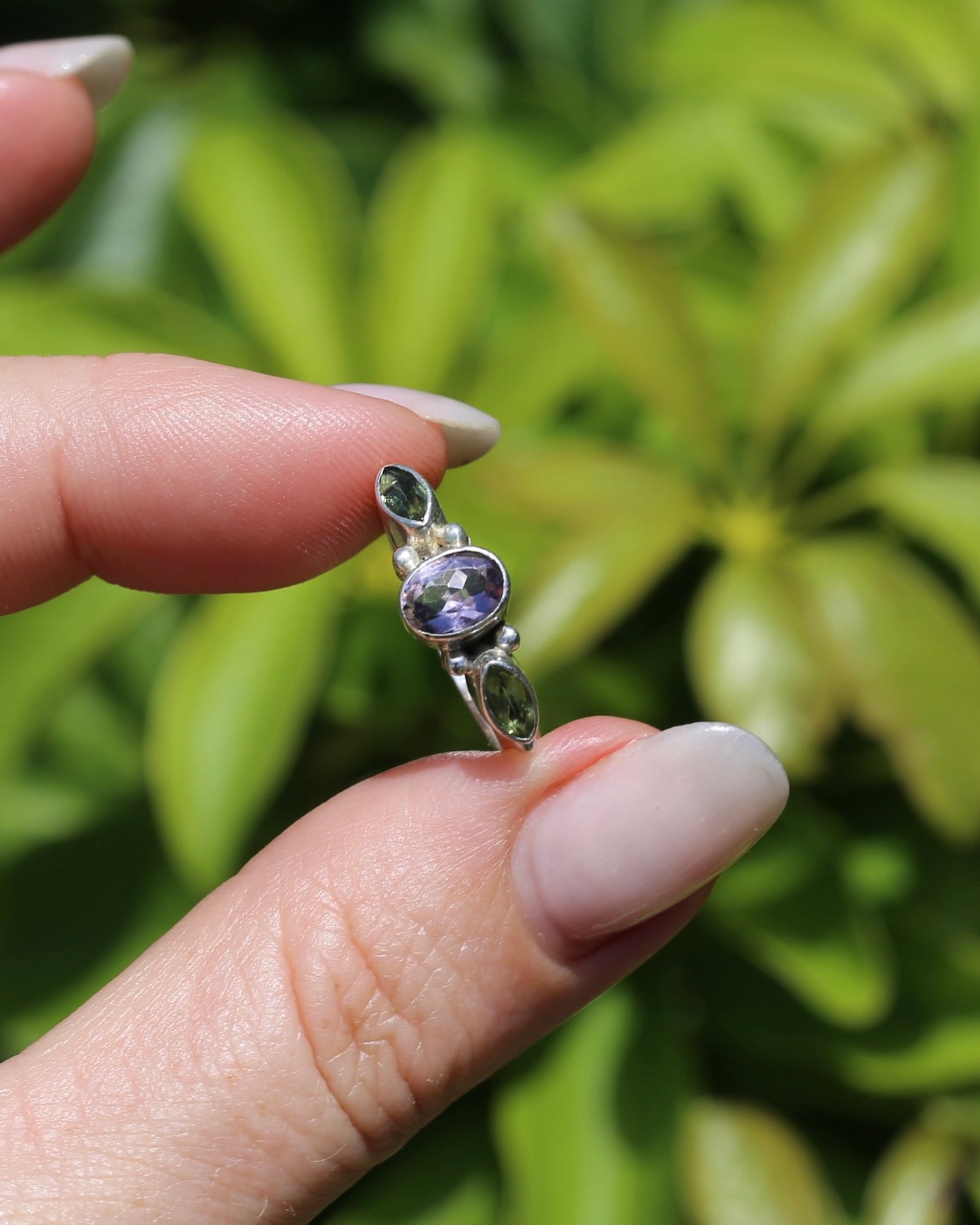 Amethyst & Peridot Bezel Set Trilogy Ring, Sterling Silver, size N or 6.75, 2.7g