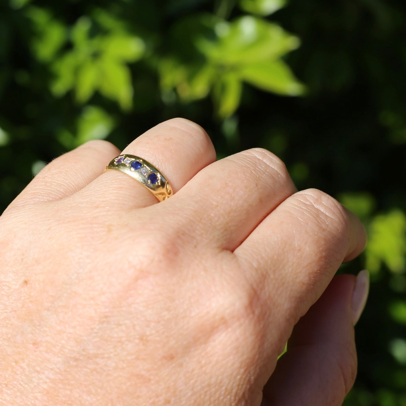 1897 Old Cut Sapphire and Diamond Five Stone Ring, 18ct Yellow Gold, size O or 7.25