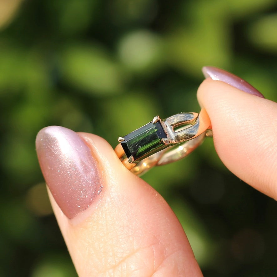 East West Set Emerald Cut Dark Green Natural Tourmaline Ring, 9ct Yellow Gold, size L or 5.75