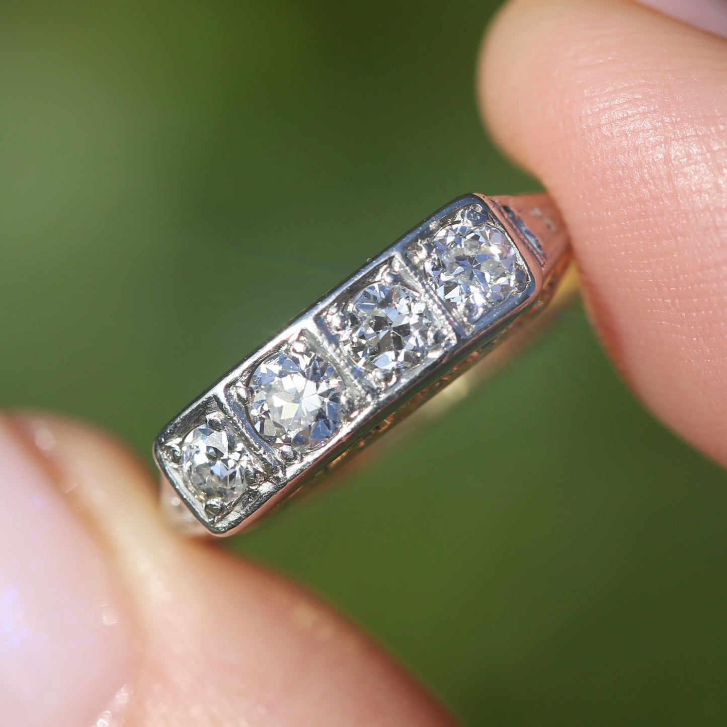 1930s 4 Stone Transitional Cut Diamond Mixed Metal Ring, 18ct Yellow Gold & Platinum, size M or just bigger than 6