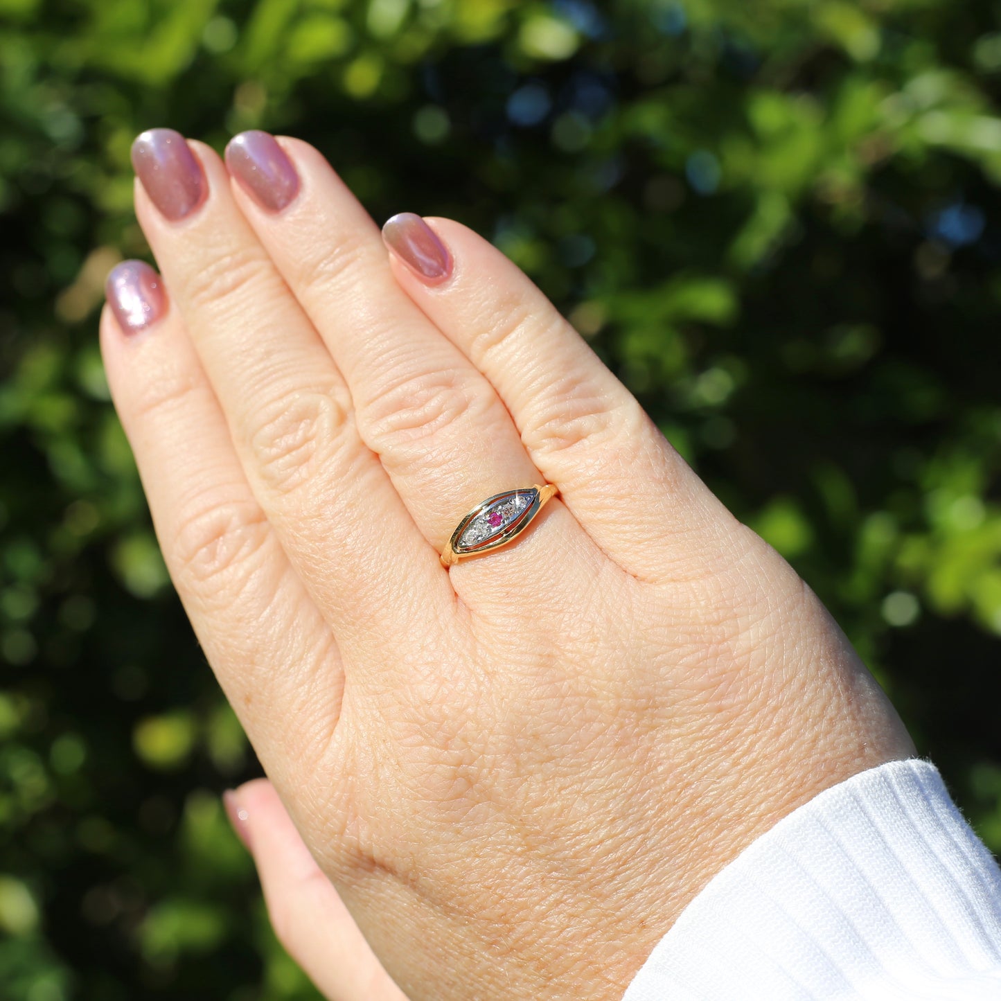 Antique Boat Ring with Four Old Cut Diamonds and an Old Cut Pink Topaz, 18ct Yellow and White Gold, size 7 or N1/2