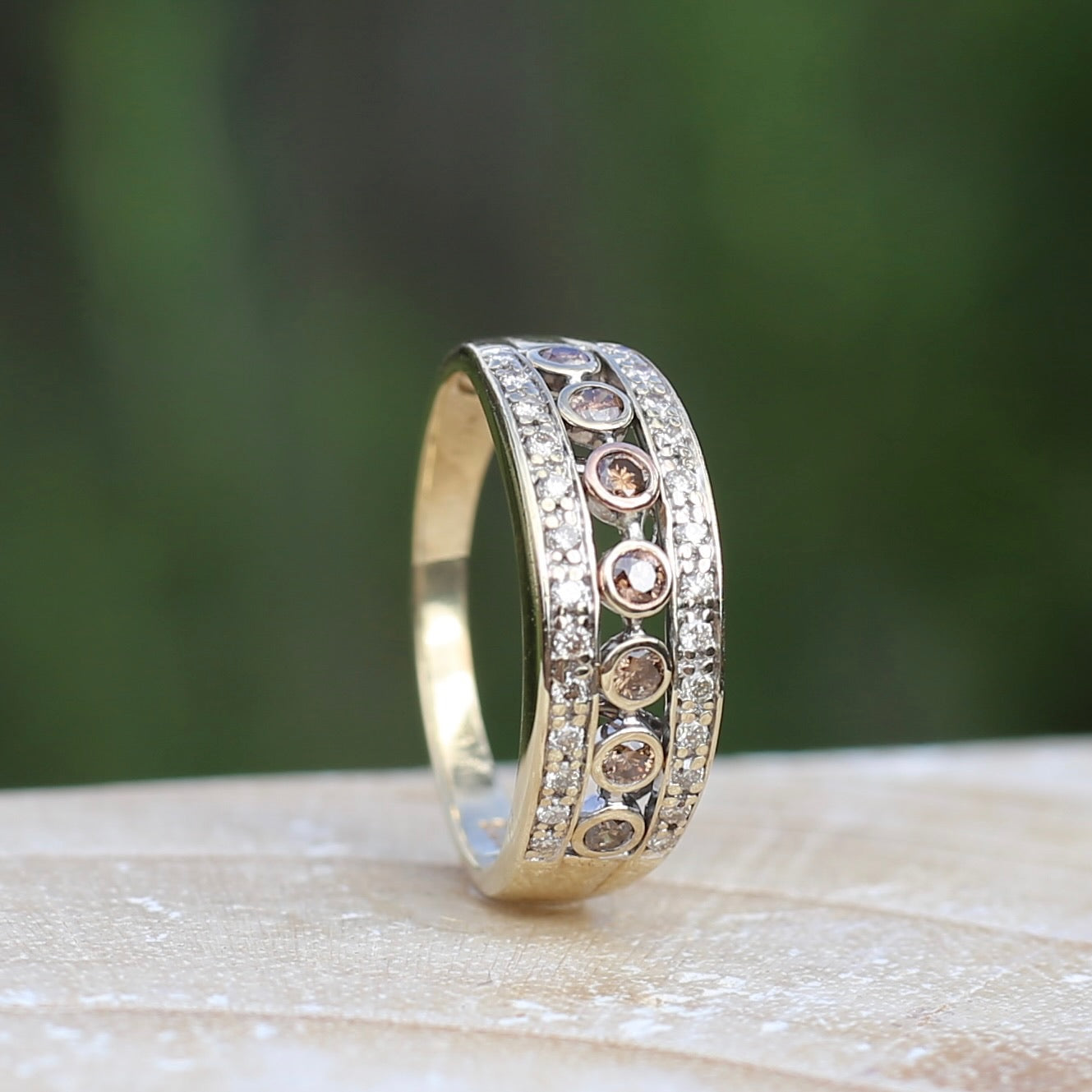 Champagne and White Diamond Band, 9ct Yellow and White Gold, size R or 8.75