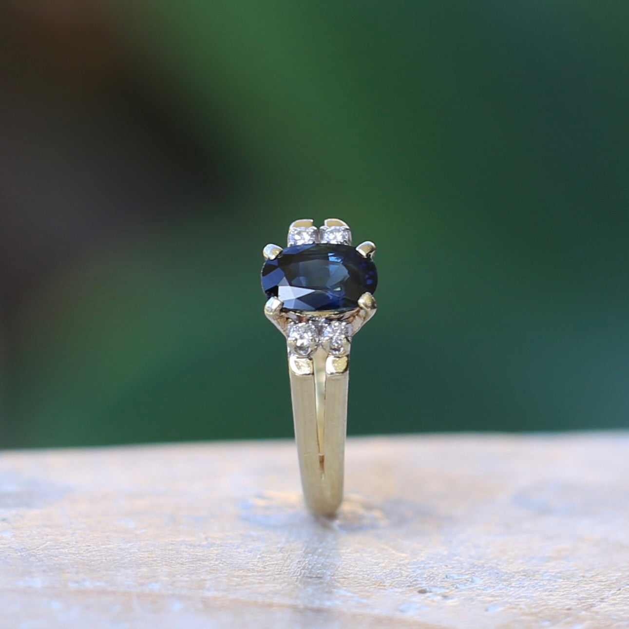 Oval Natural Blue Sapphire with Diamonds, Art Deco Feel Ring, 14ct Yellow Gold, size N or 6.75