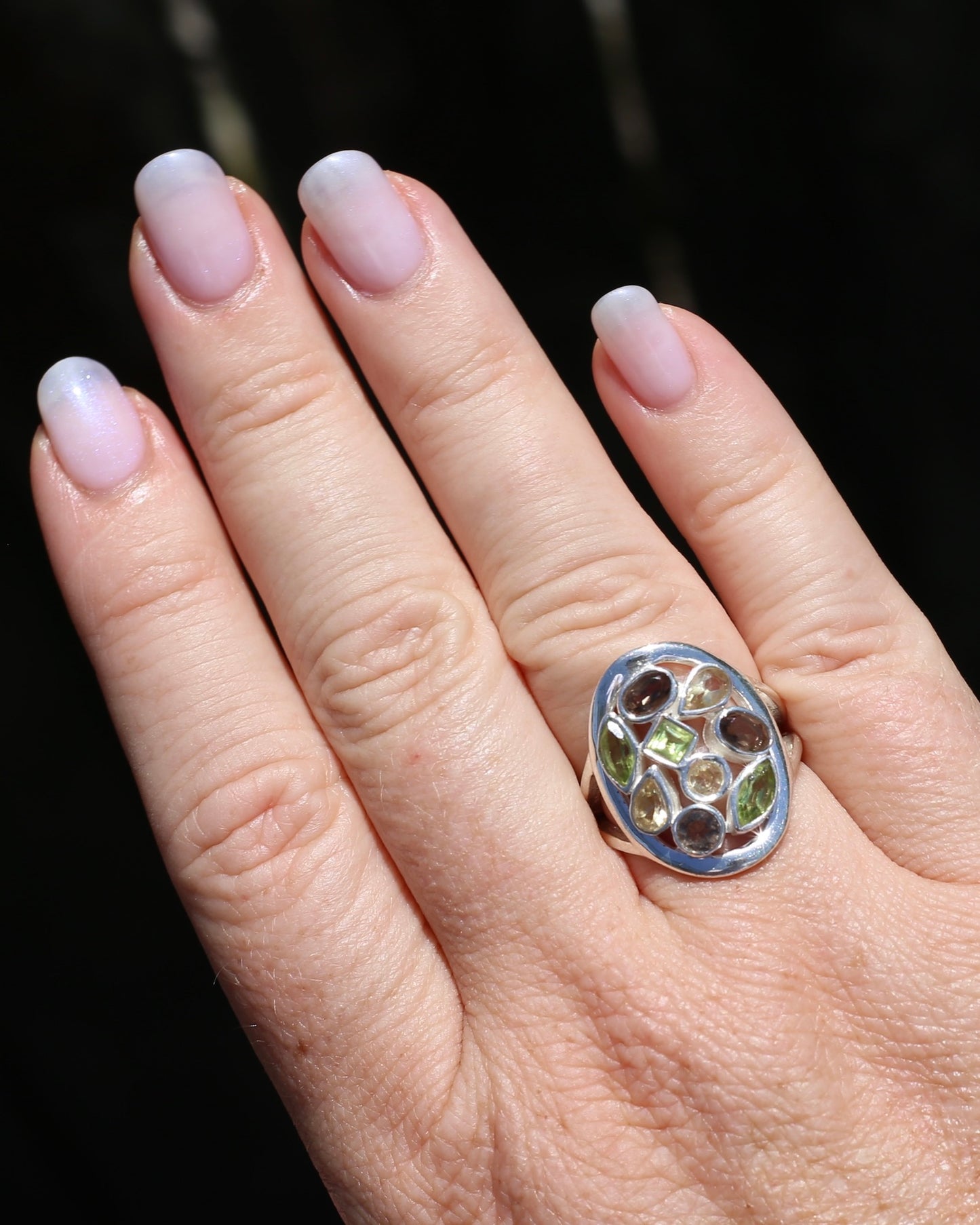 Peridot, Citrine and Smokey Quartz Bezel Set Ring, Sterling Silver, size P or 7.5, 8.27g