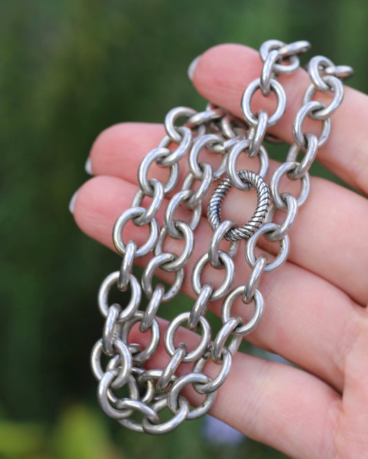Vintage Chunky Oval Cable Chain with Textured Clasp, Sterling Silver, 42cm or 16.5inches, 50.7g