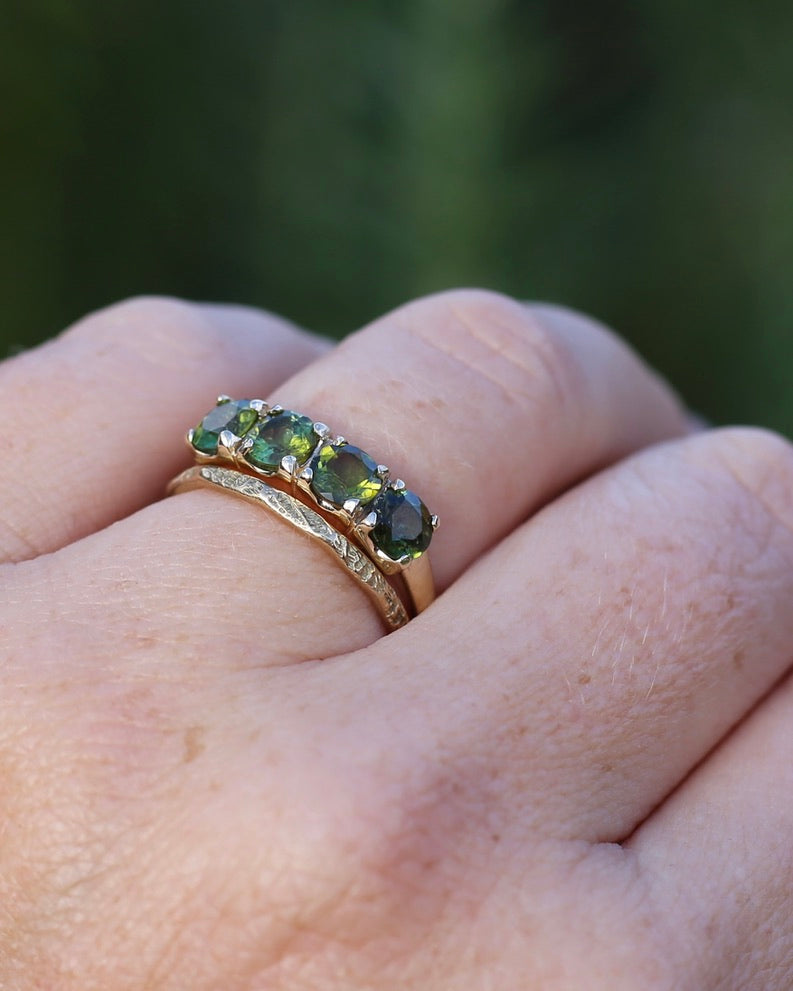 1.75ct Four Stone Natural Green Tourmaline Ring, 9ct Yellow Gold, size N1/2 or just over 6.75, 2.37g