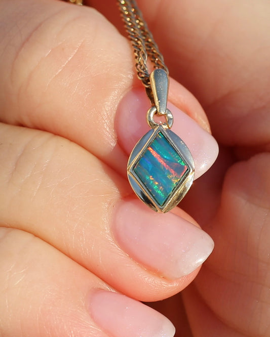 Bezel Set Solid Opal Diamond Shaped Pendant, 14ct Yellow Gold, 0.88g