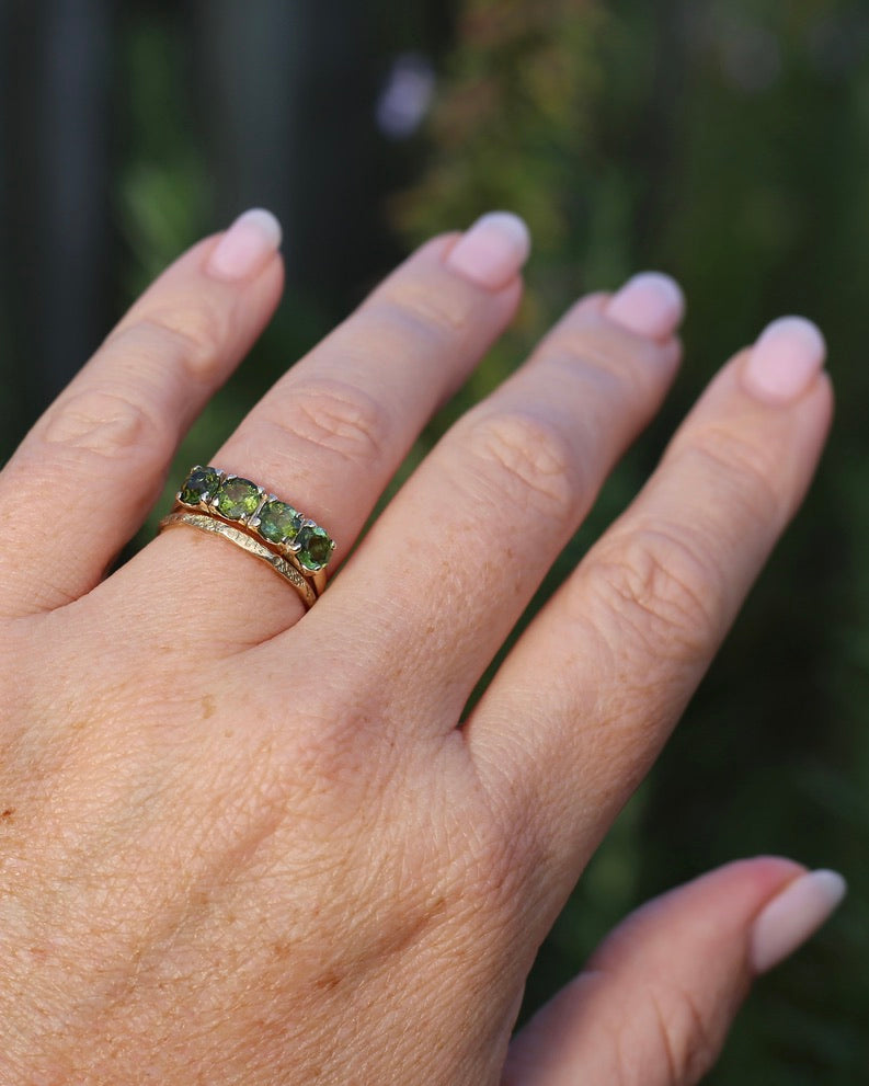 1.75ct Four Stone Natural Green Tourmaline Ring, 9ct Yellow Gold, size N1/2 or just over 6.75, 2.37g