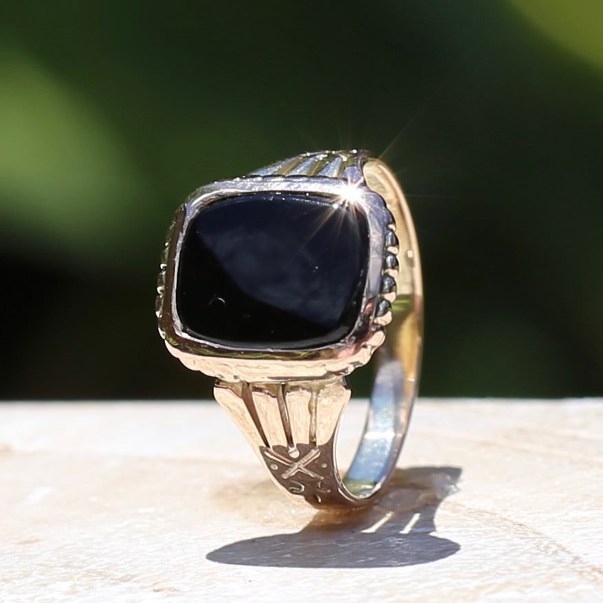 Vintique Onyx Signet Ring with Engraved Shoulders, 9ct Rosey Gold, size K1/2 or 5.5