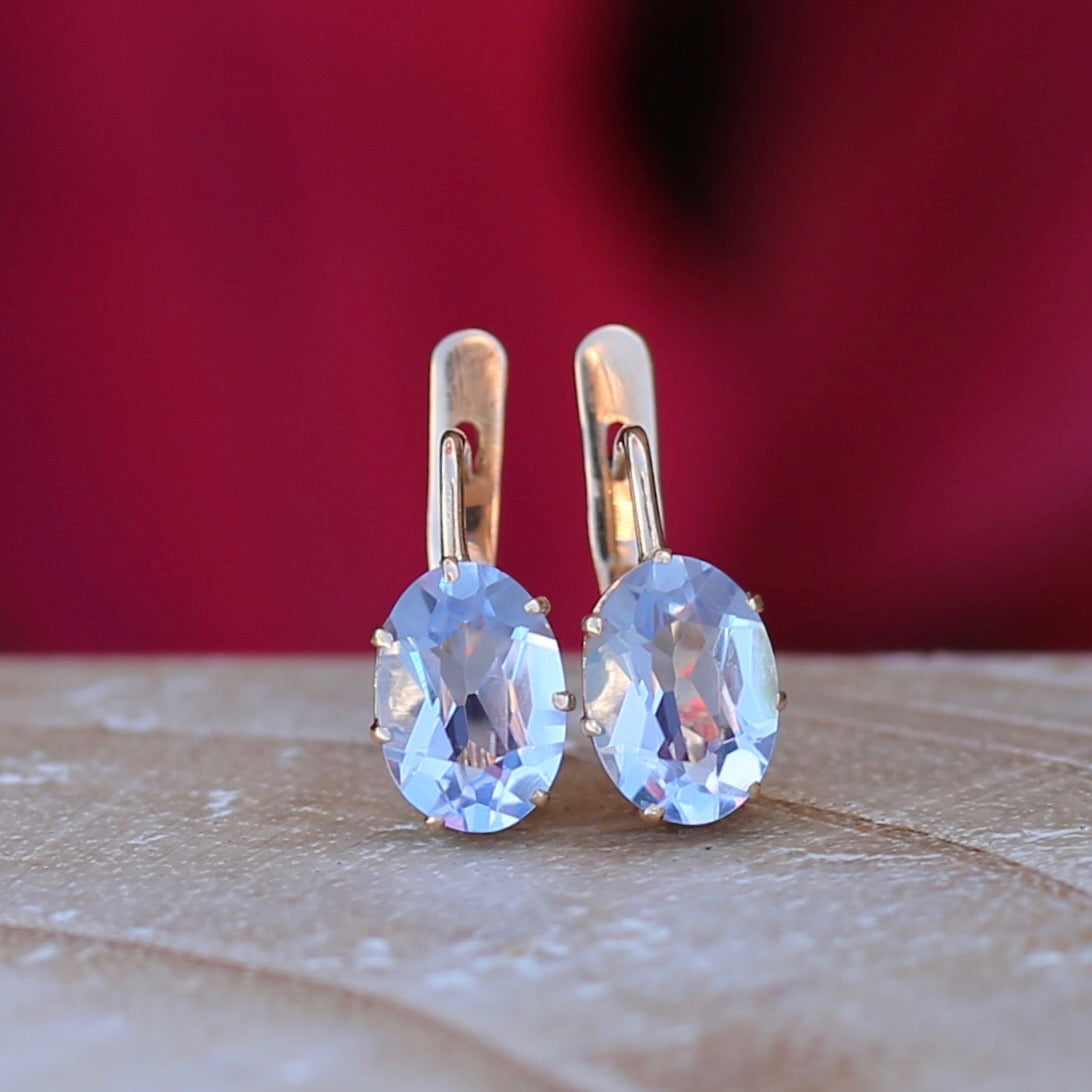 Vintage Russian Pale Lilac Blue Spinel Earrings with Lever Backs, 14ct Rosey Gold, 3.03g