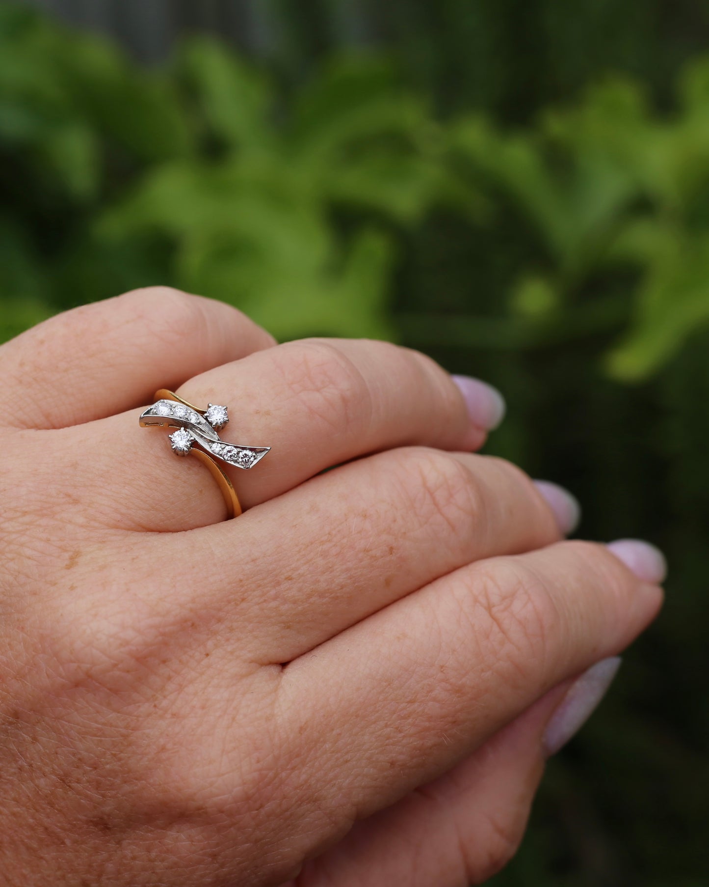 Antique Circa 1910 "Belle Epoque Toi et Moi" Asymmetric Diamond Bow Ring, 18ct Yellow Gold and Platinum, size L1/2 or 6, 3.62g
