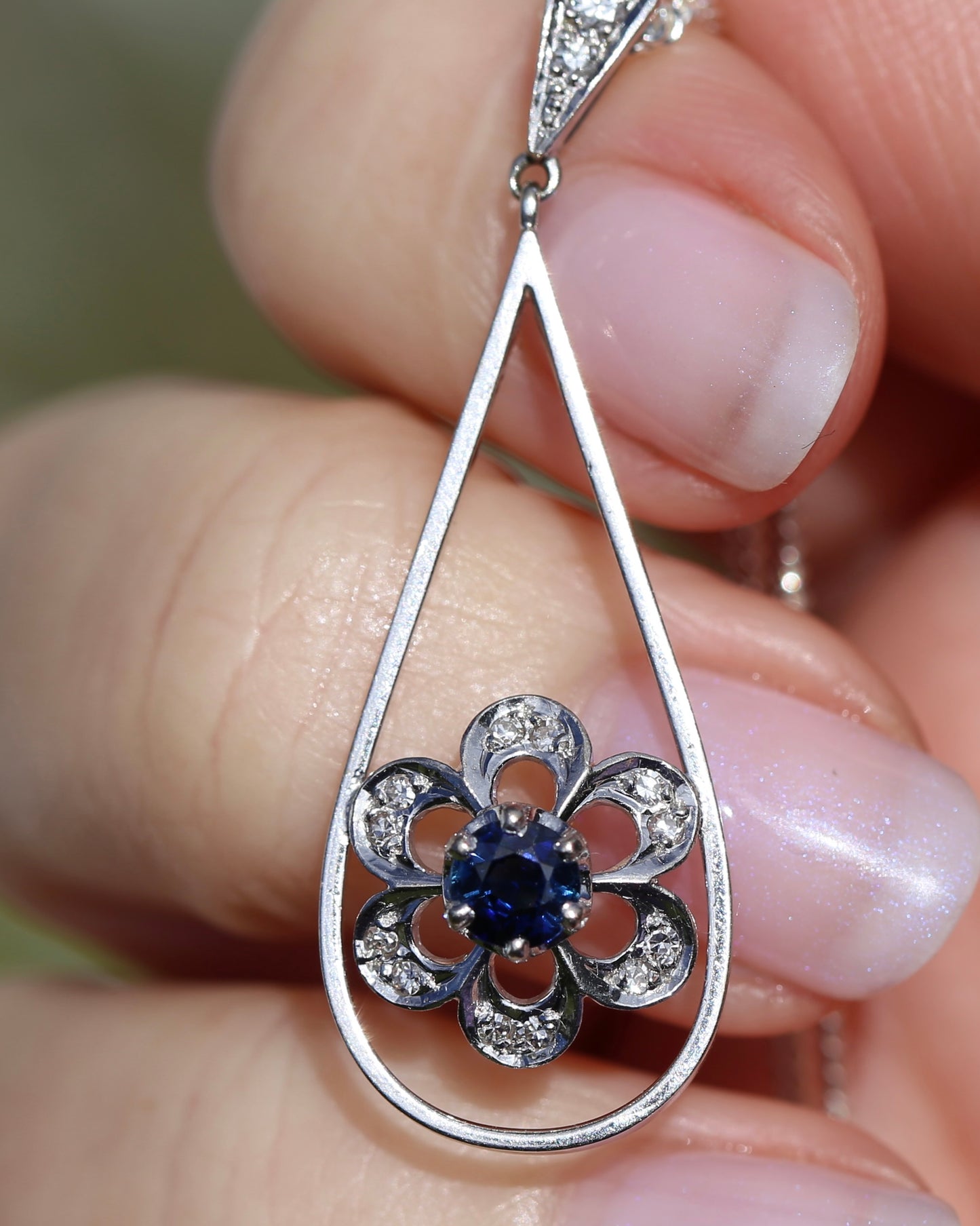 Vintage Natural Sapphire and Diamond Pendant, 18ct White Gold, 2.64g