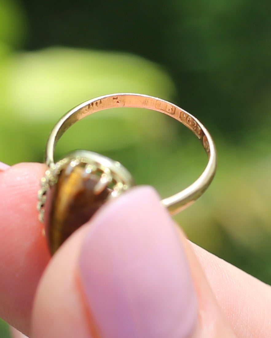 Second Glance - Antique Birmingham Made 1922 Tiger Eye Cabochon Ring, 15ct Yellow Gold, size I or 4.25, 2.27g
